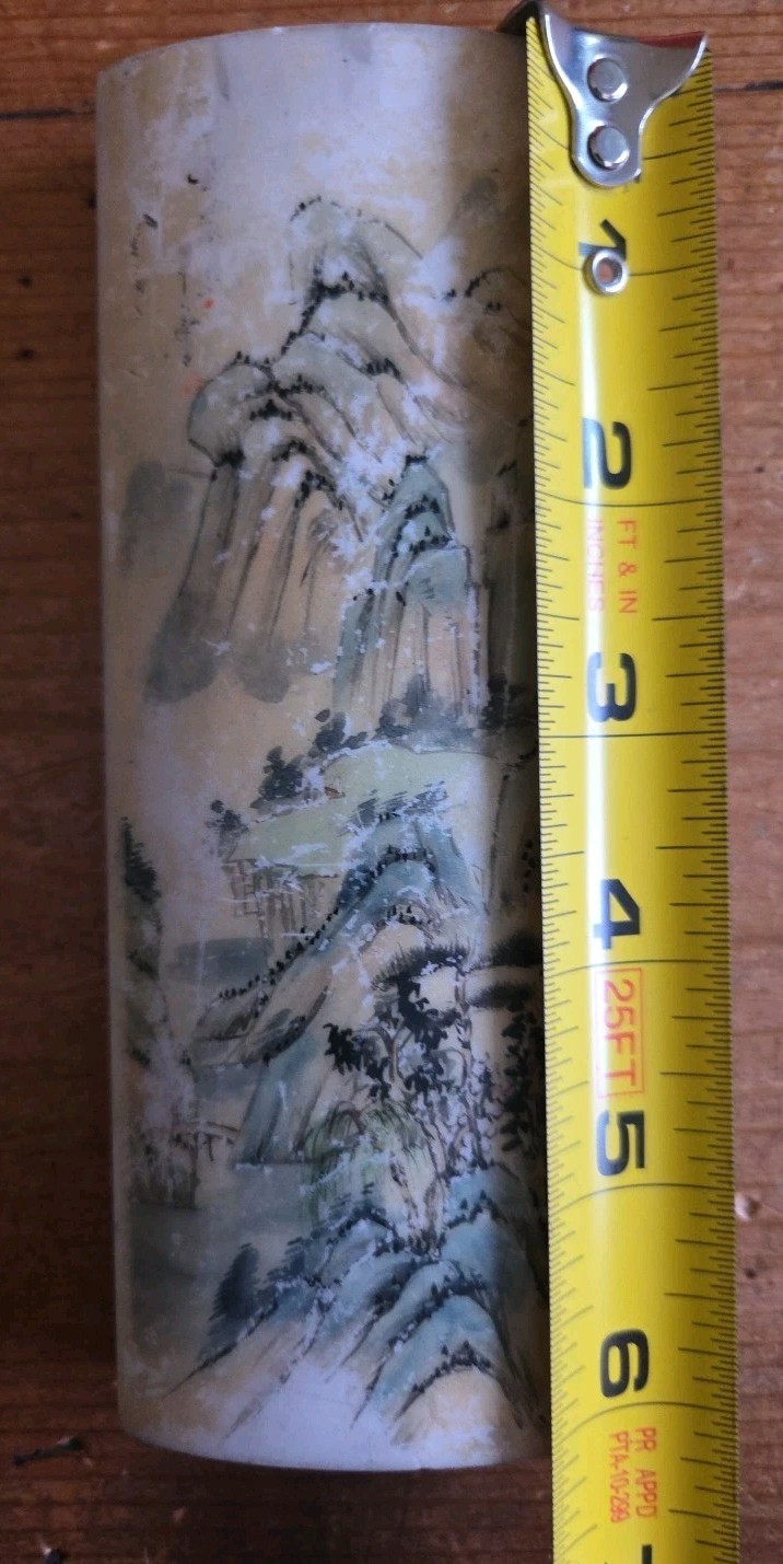 Vtg Stone Chinese Hand Painted Landscape Calligraphy Table Top Wrist Rest
