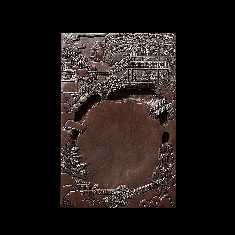 8″China Natural Original Stone Hand-carved House Figure Scenery Inkstone Inkslab