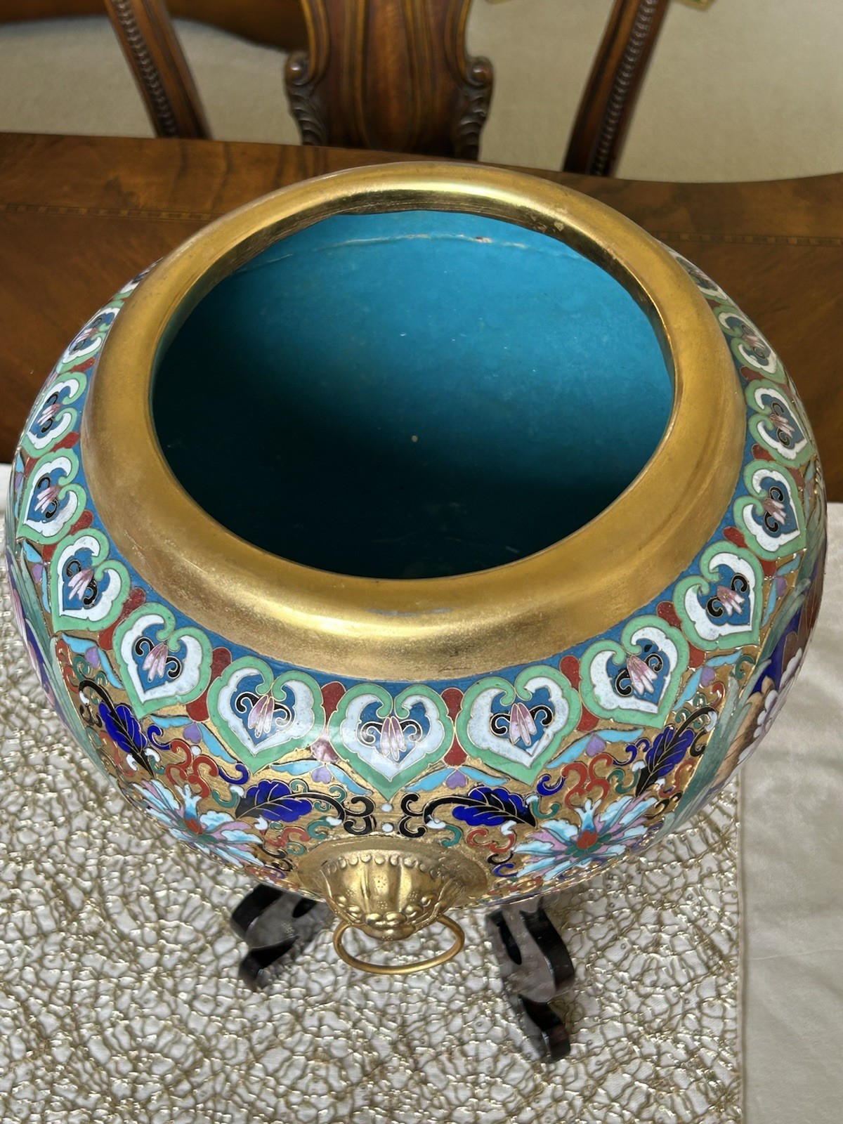 Chinese Cloisonné Planter Flower Pot Peonies Birds Lion Head Accent Brass