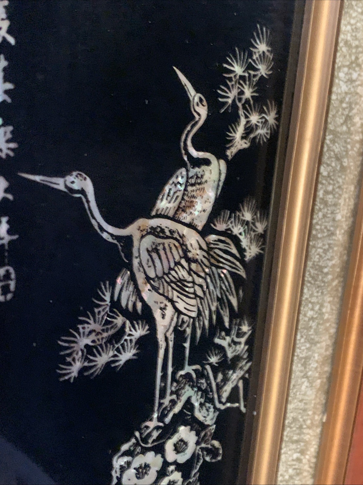Vtg Asian Crane Birds Mother of Pearl & Abalone Shell Art Wood Framed 14.5”x8.75