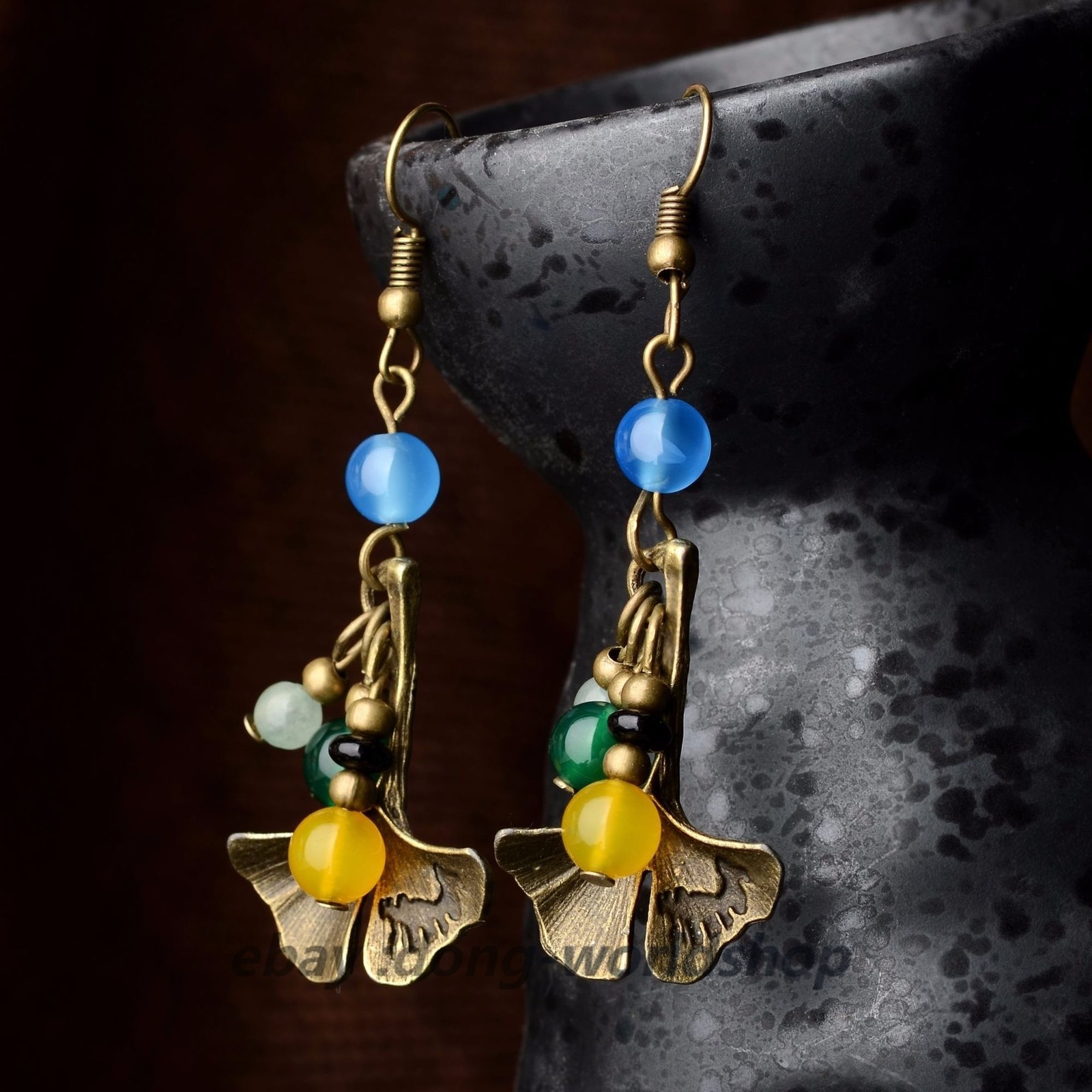 China Dongling Jade/Agate/Alloy Apricot Leaf Tibetan Style Earbob Earrings