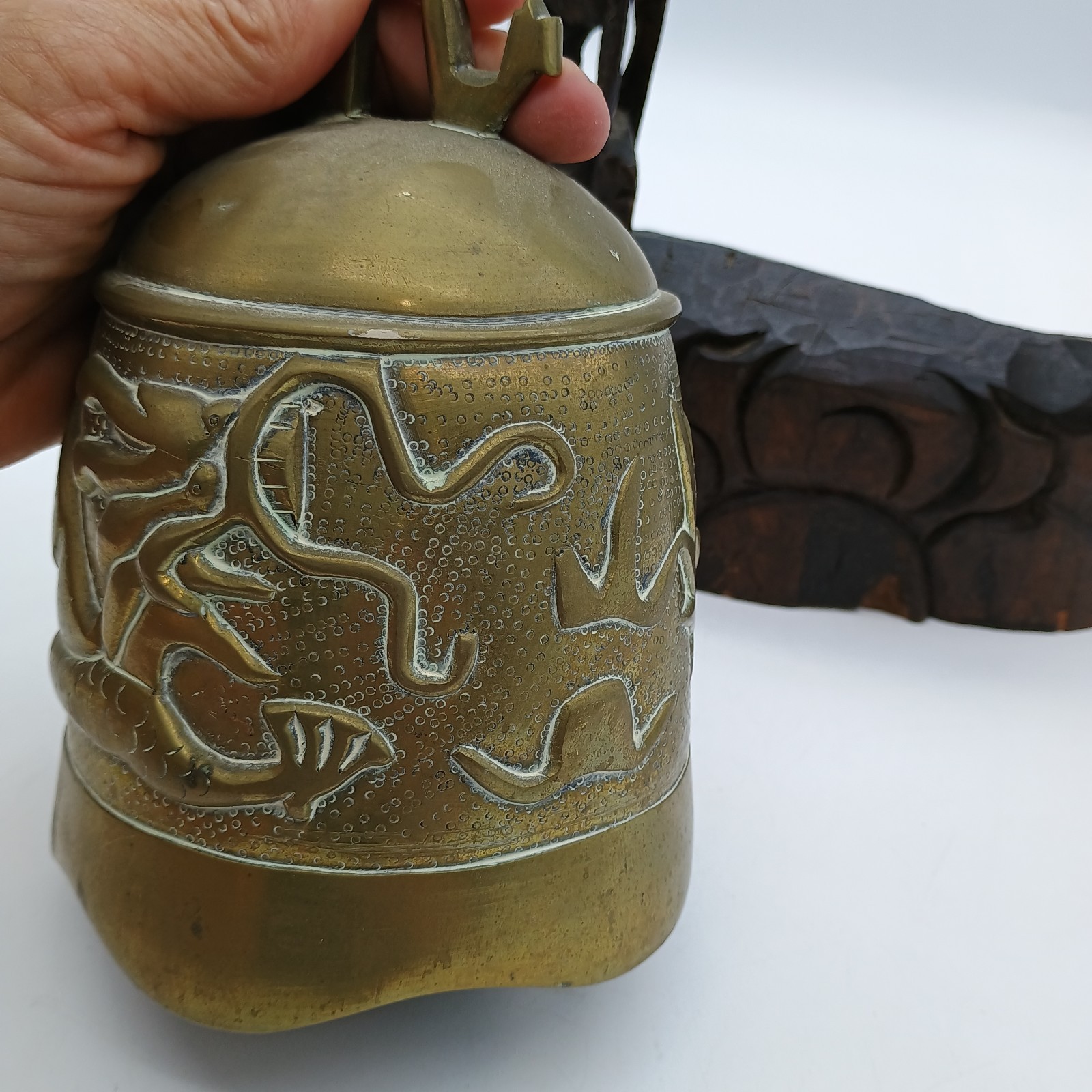 Vintage Chinese Wood Hand Carved Frame Holder With Brass Bell Dragon