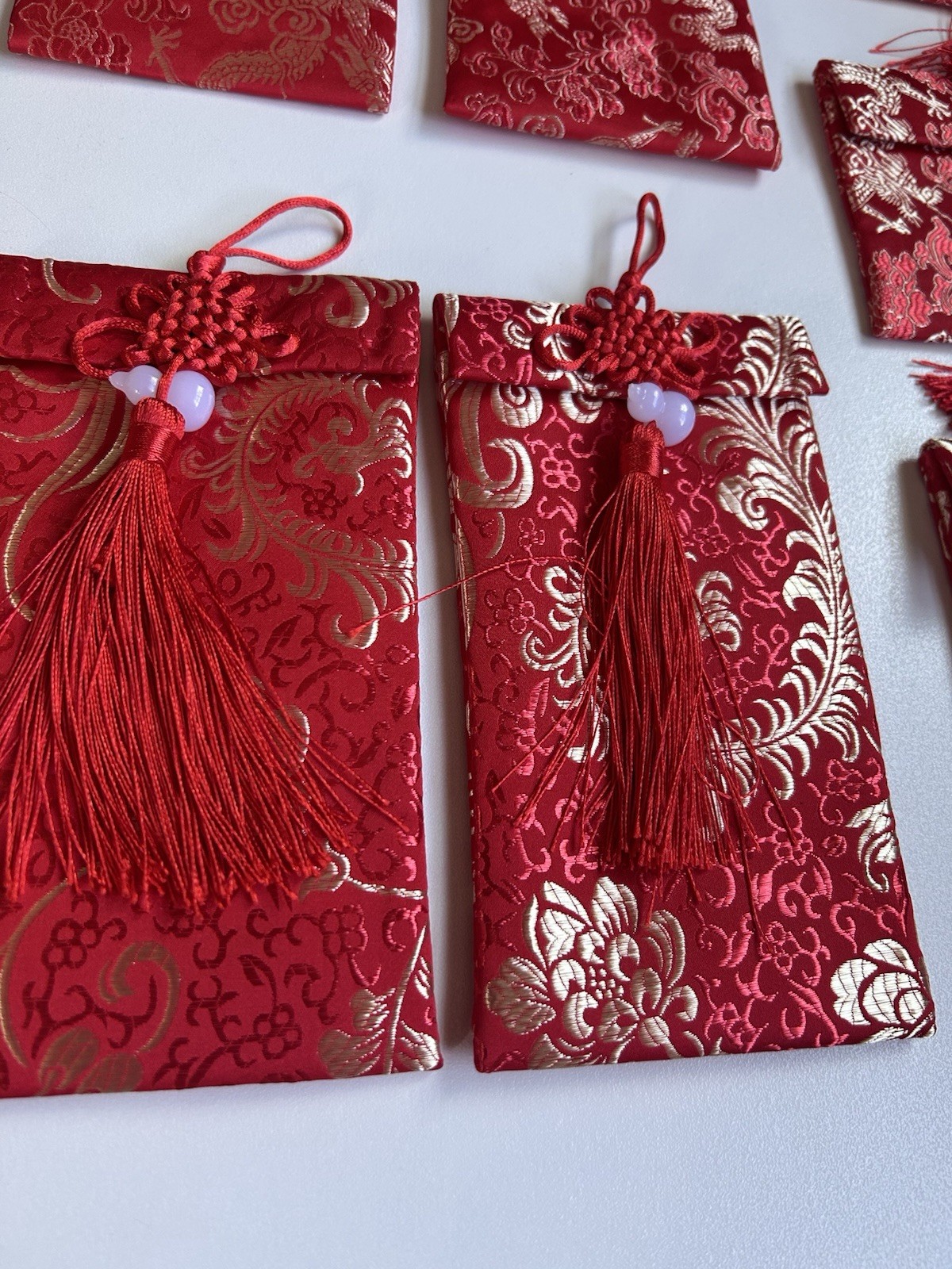 Chinese Red Silk Brocade Pouches Lot of 8