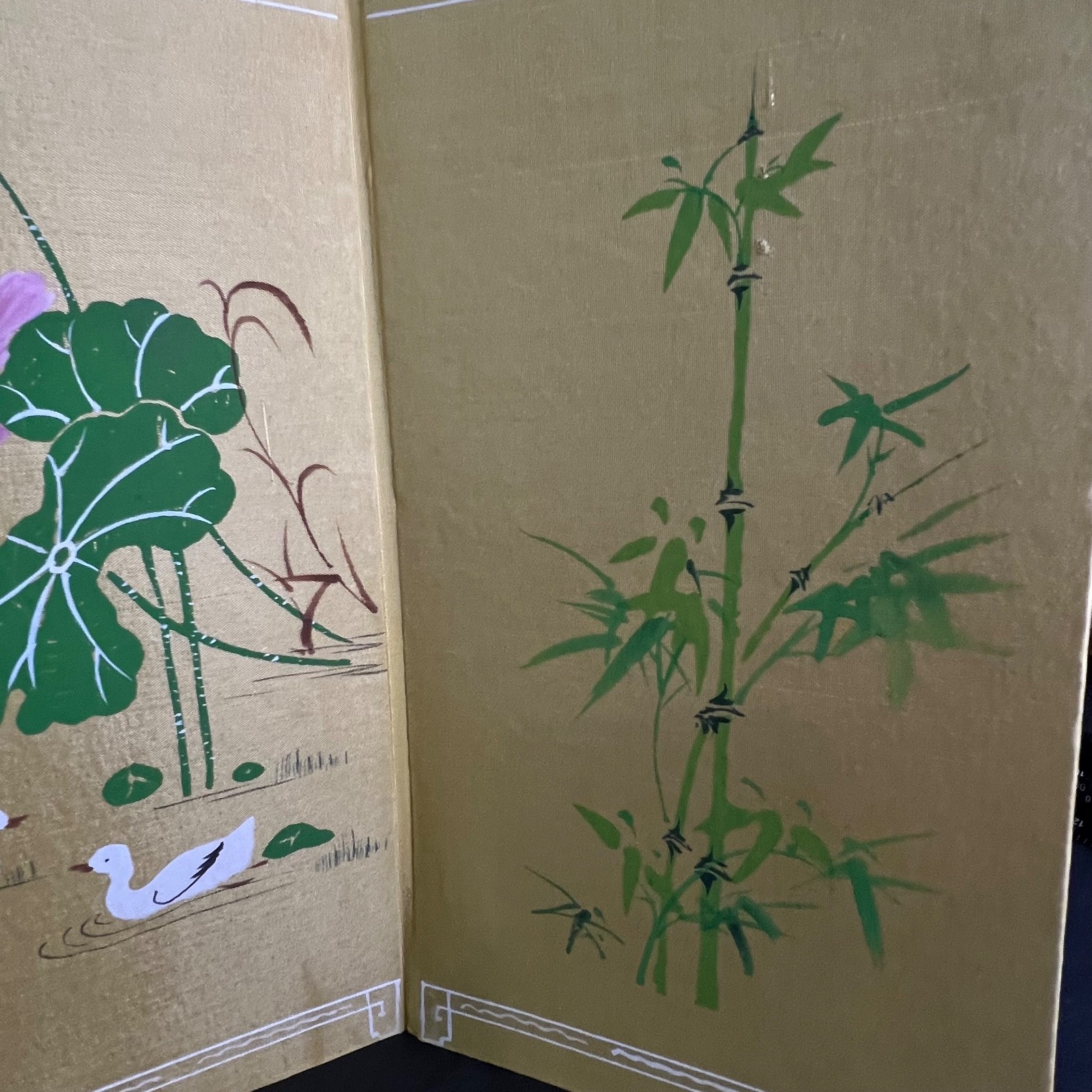 VTG 3 Panel Table Top Folding Screen Painting Blossom Ducks Bamboo China 17.5″L