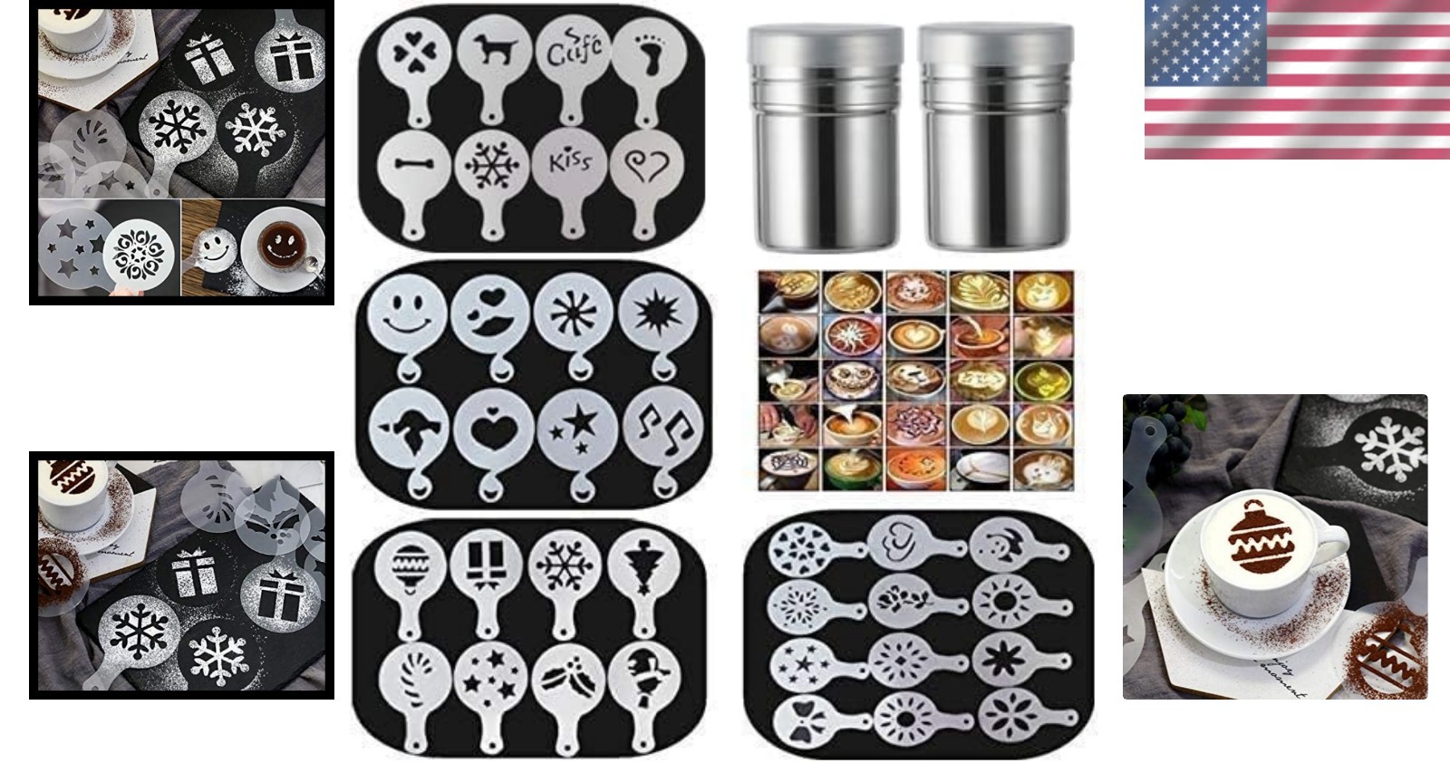 Coffee Art Stencils Set 36 Patterns Plus 2 Powder Shakers for Latte Cappuccino