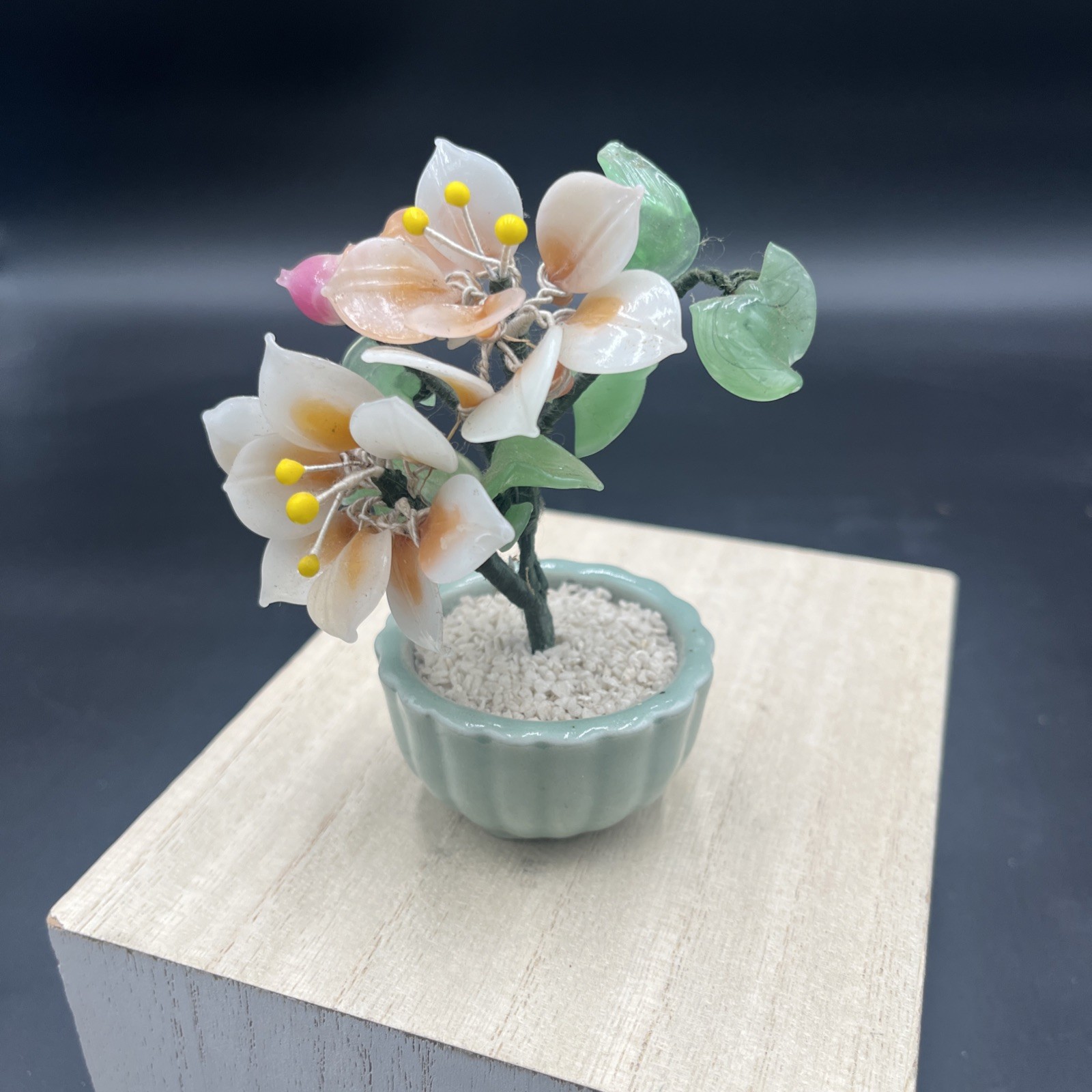Vintage Small Jade & White Floral Bonsai Tree Green Celadon Pot 4.5”