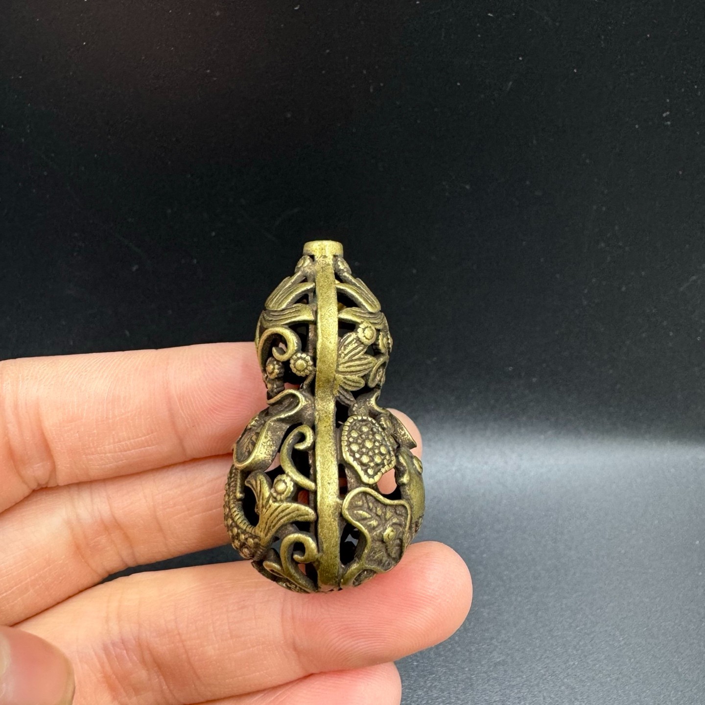 Vintage Brass Hollow Gourd Pendant Carp Lotus Fish Lucky Wealth Feng Shui Charm