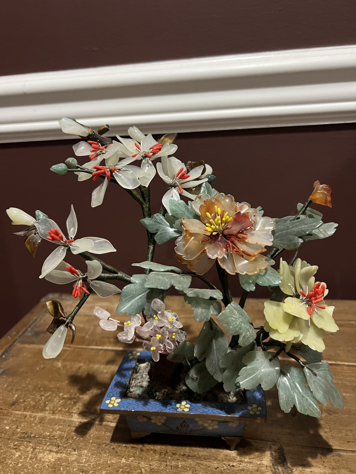 Vintage Chinese Jade Quartz Bonsai Trees In Cloisonne Pots