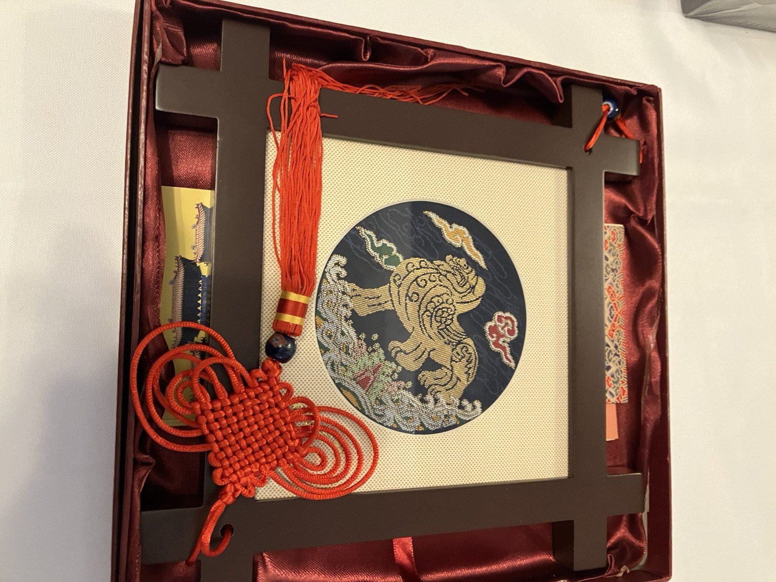 Chinese Silk Art Nanjing Royal Brocade Tribute Foo dog Design Vtg 10″ COA READ
