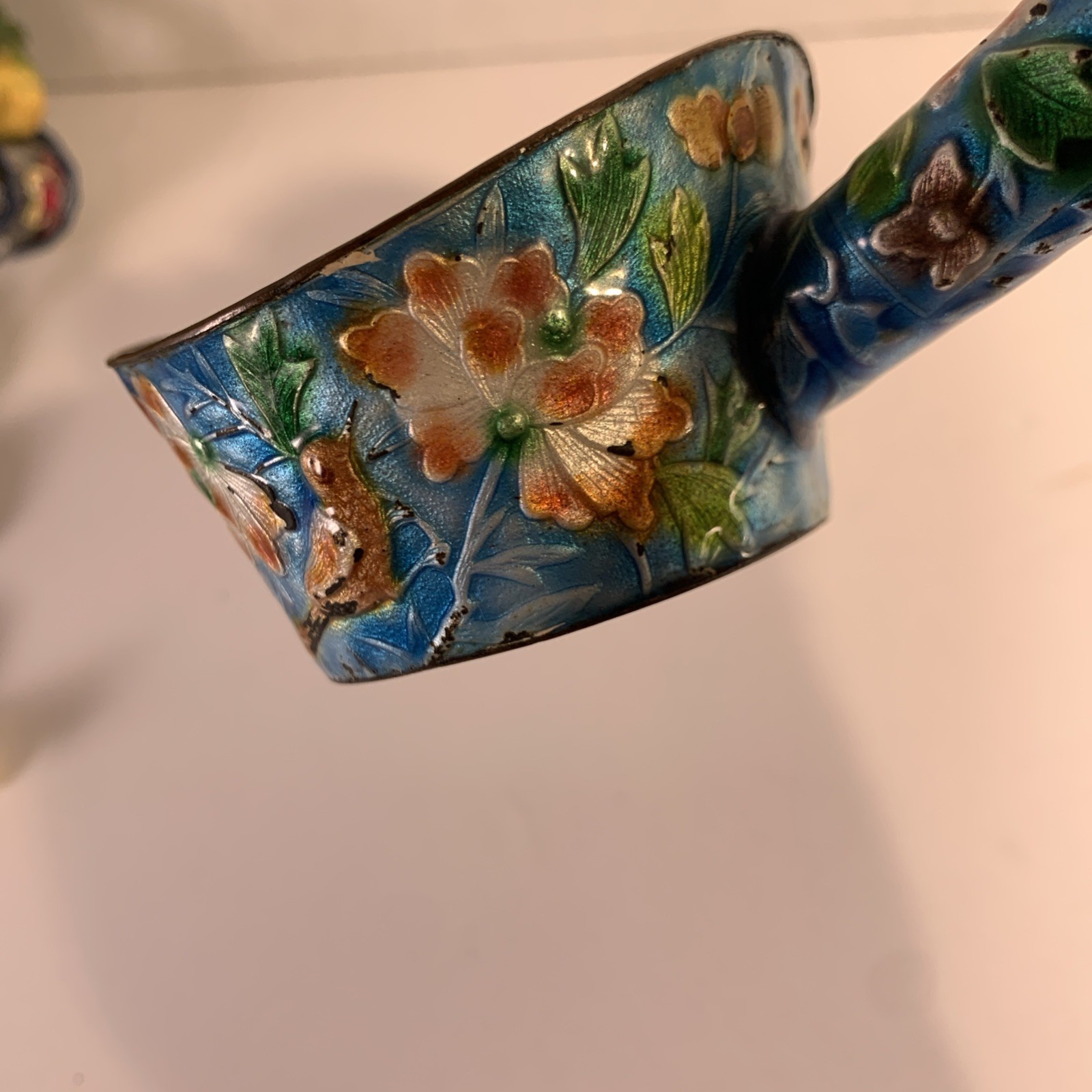Antique Chinese Cloisonné Silk Iron Turquoise Bird Floral Dipper Scoop Qing Dyn