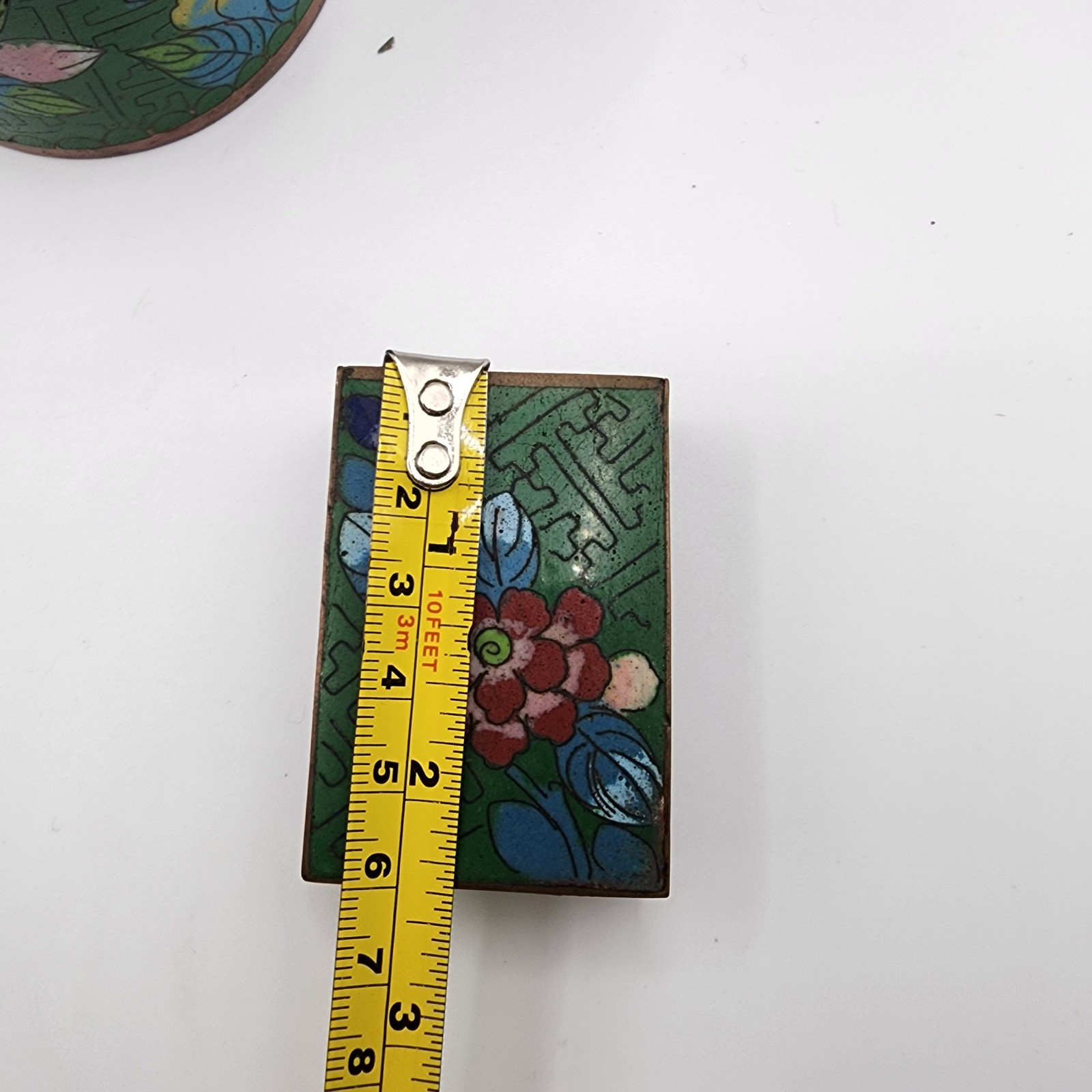 Vtg Green Chinese Lidded Cigarette Matches Ashtray Cloisonné Set Blue Enamel