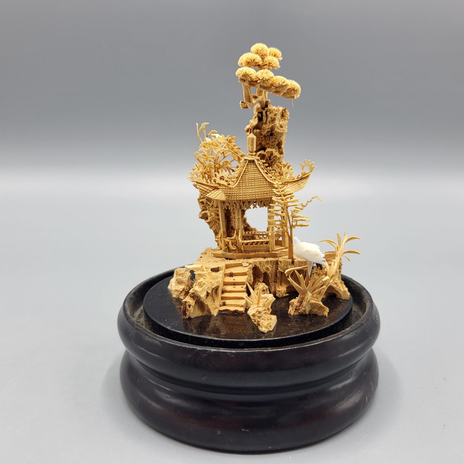 Vtg Chinese Carved Cork Diorama Glass Dome Dark Wood Base Small Shelf Decor READ