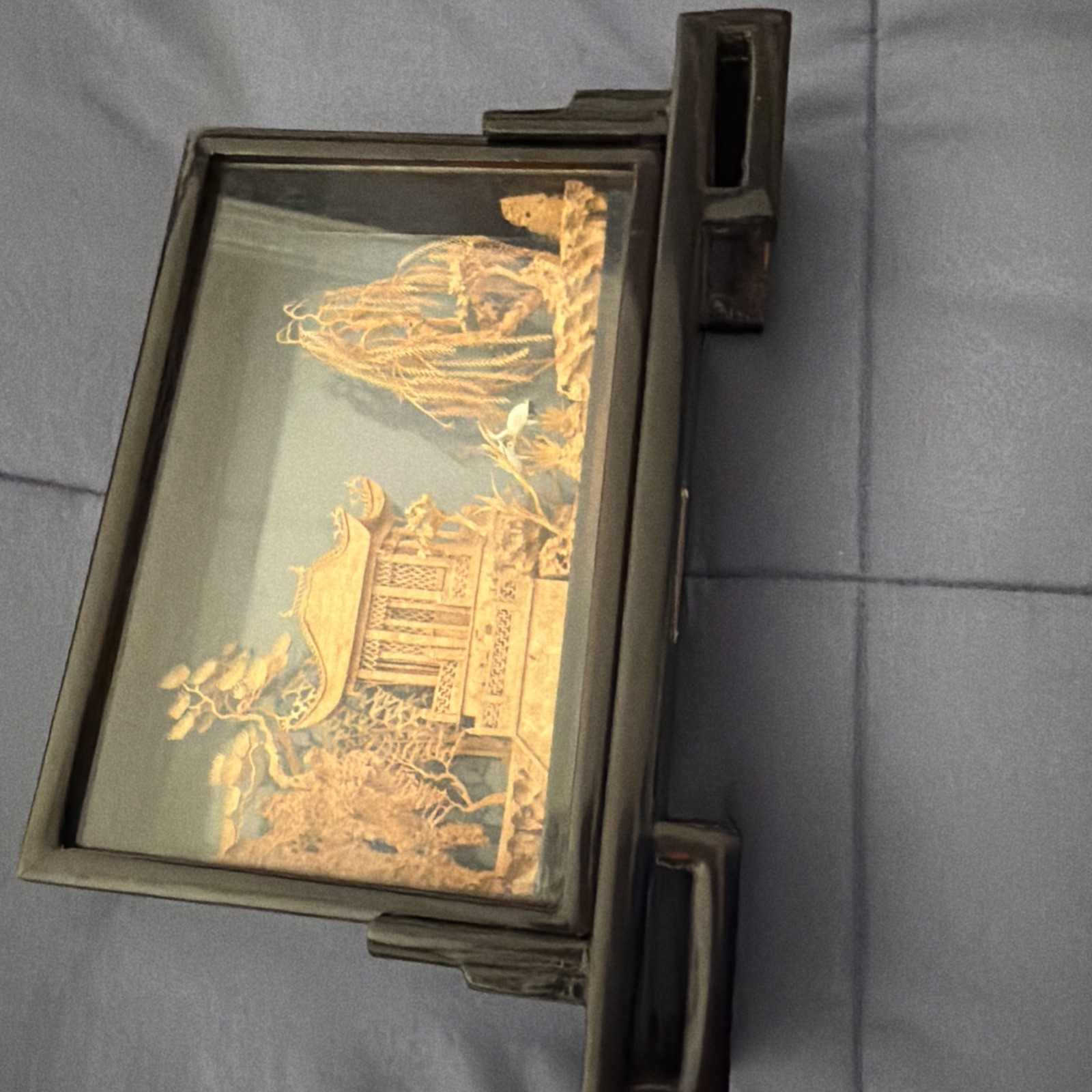 Vintage Chinese San You Cork Art Hand Carved Diorama Pagoda Cranes Trees