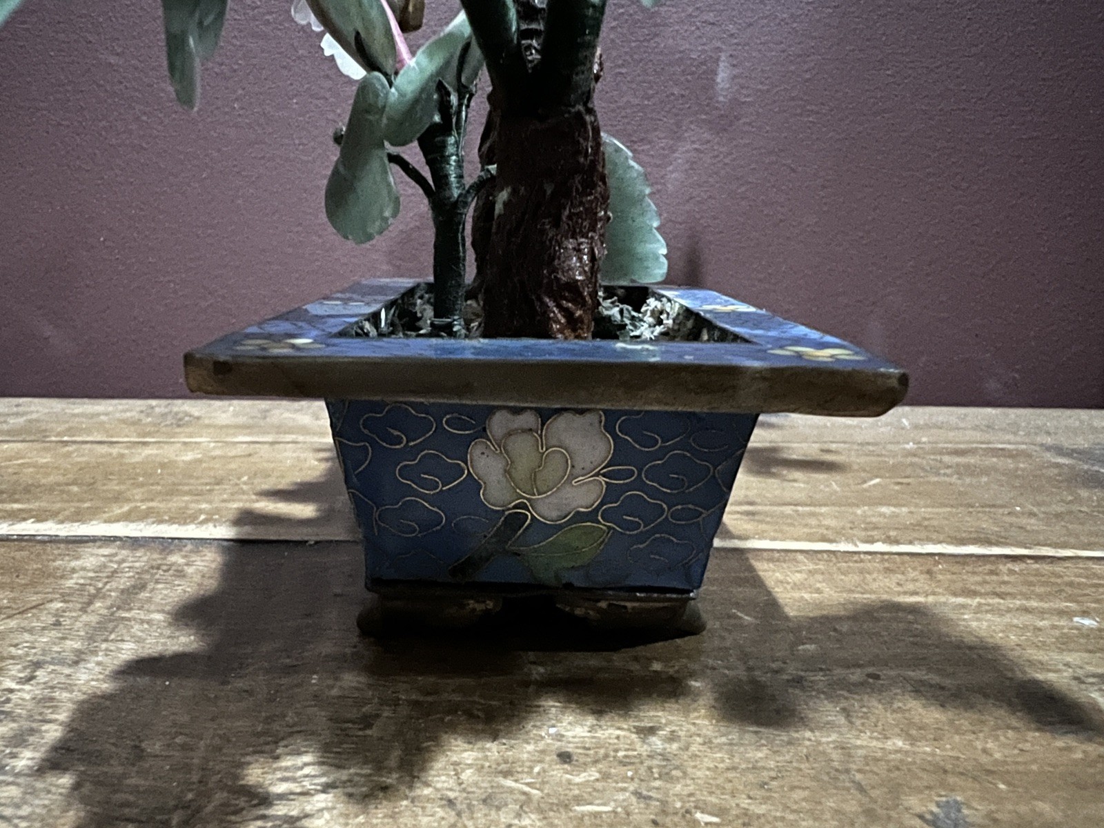 Vintage Chinese Jade Quartz Bonsai Trees In Cloisonne Pots