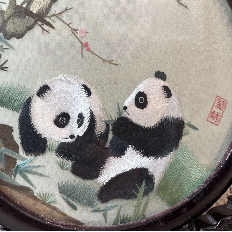 Chinese Double-Sided Silk Embroidery Panda Art Revolving Wood Round Stand 11×10