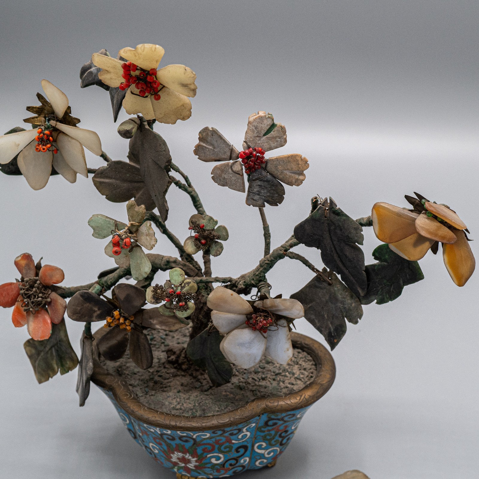 Chinese Jade Hard Stone Tree in Cloisonne Pot 8 1/2″ Vintage/Antique – READ #B