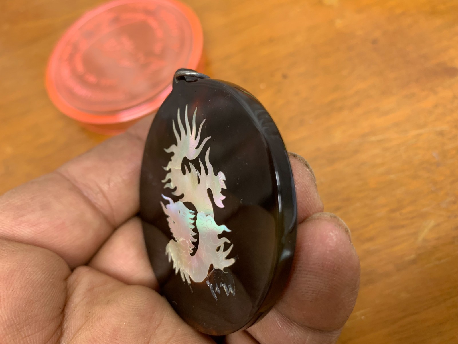 Good Luck Blessing Chinese Charm Mother Of Pearl & Lucite ? Dragon Round Pendant