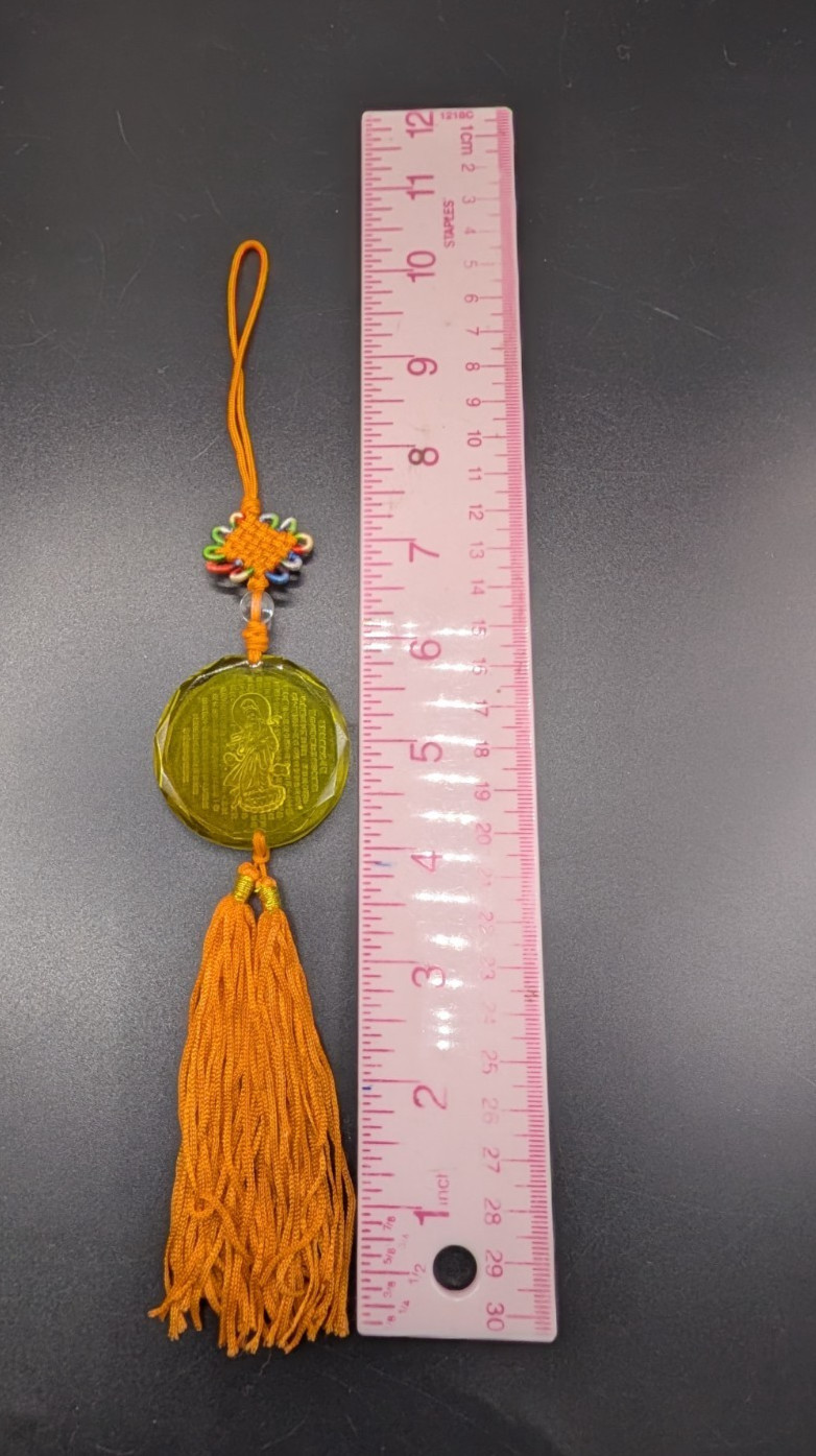 Reversed Carved Chinese Goddess Yellow Glass Tassel Hanging