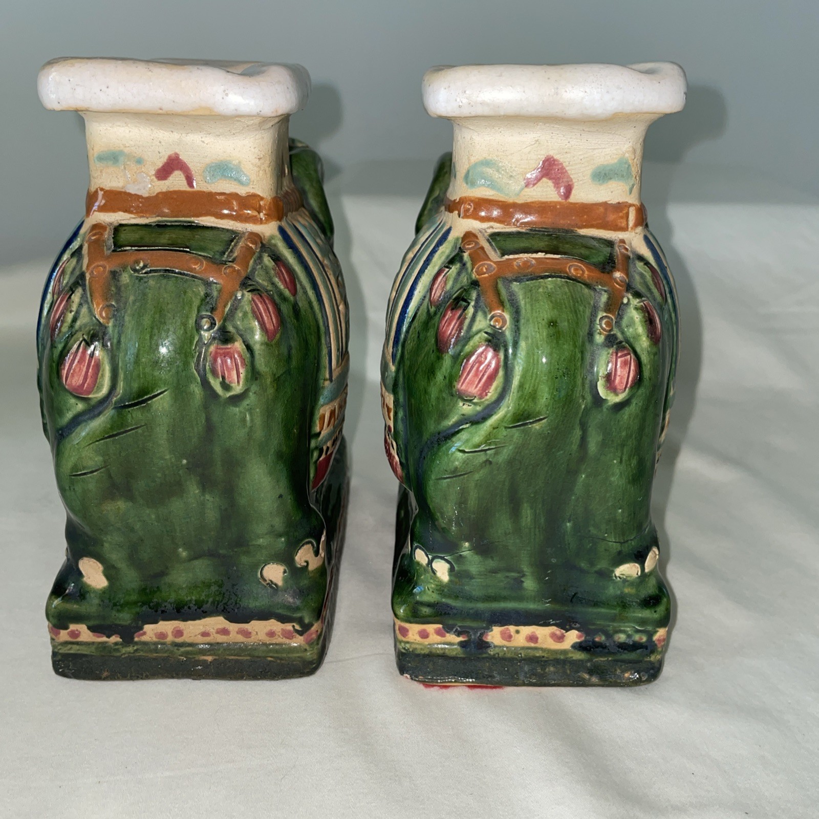 VTG Pr of Ceramic Hand Painted Majolica Asian Elephant Statue