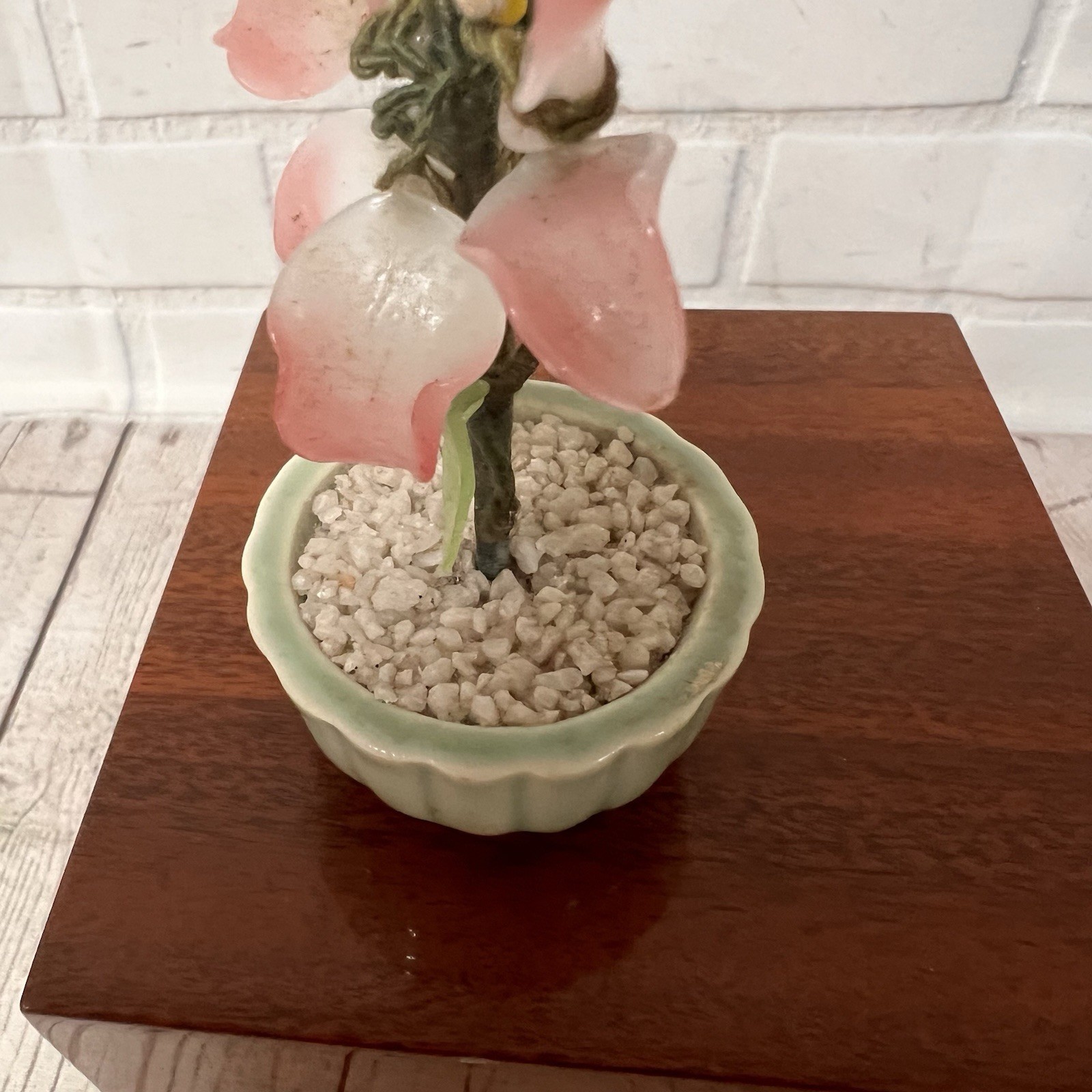 Vintage Jade Glass Bonsai Tree pink Flower Rose Quartz Celadon Pot small 4”