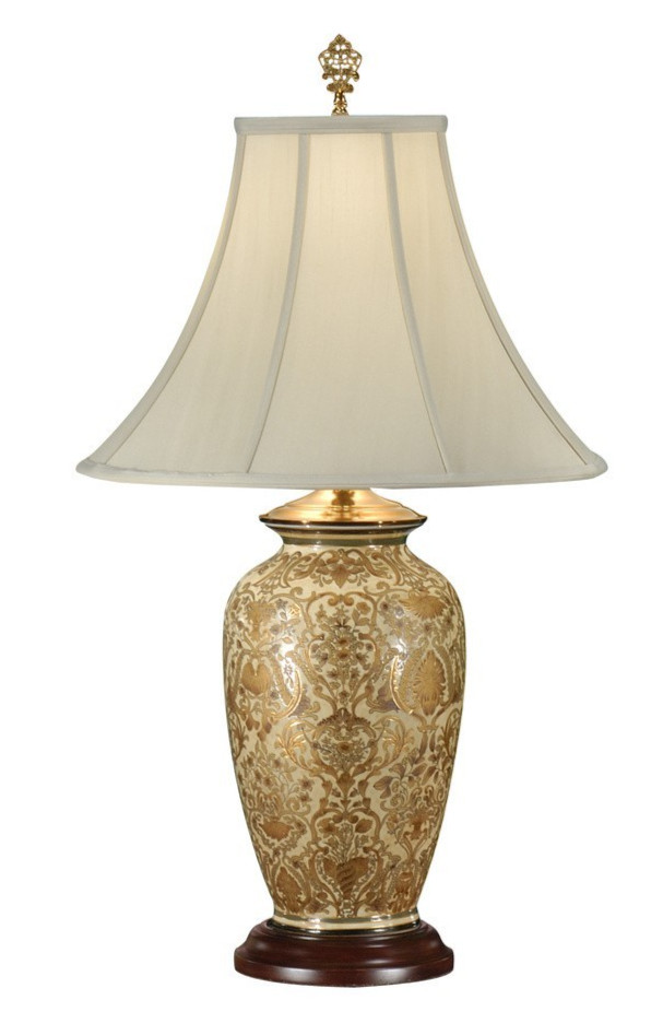 BEAUTIFUL GOLD DAMASK HAND PAINTED PORCELAIN LAMP -31”H