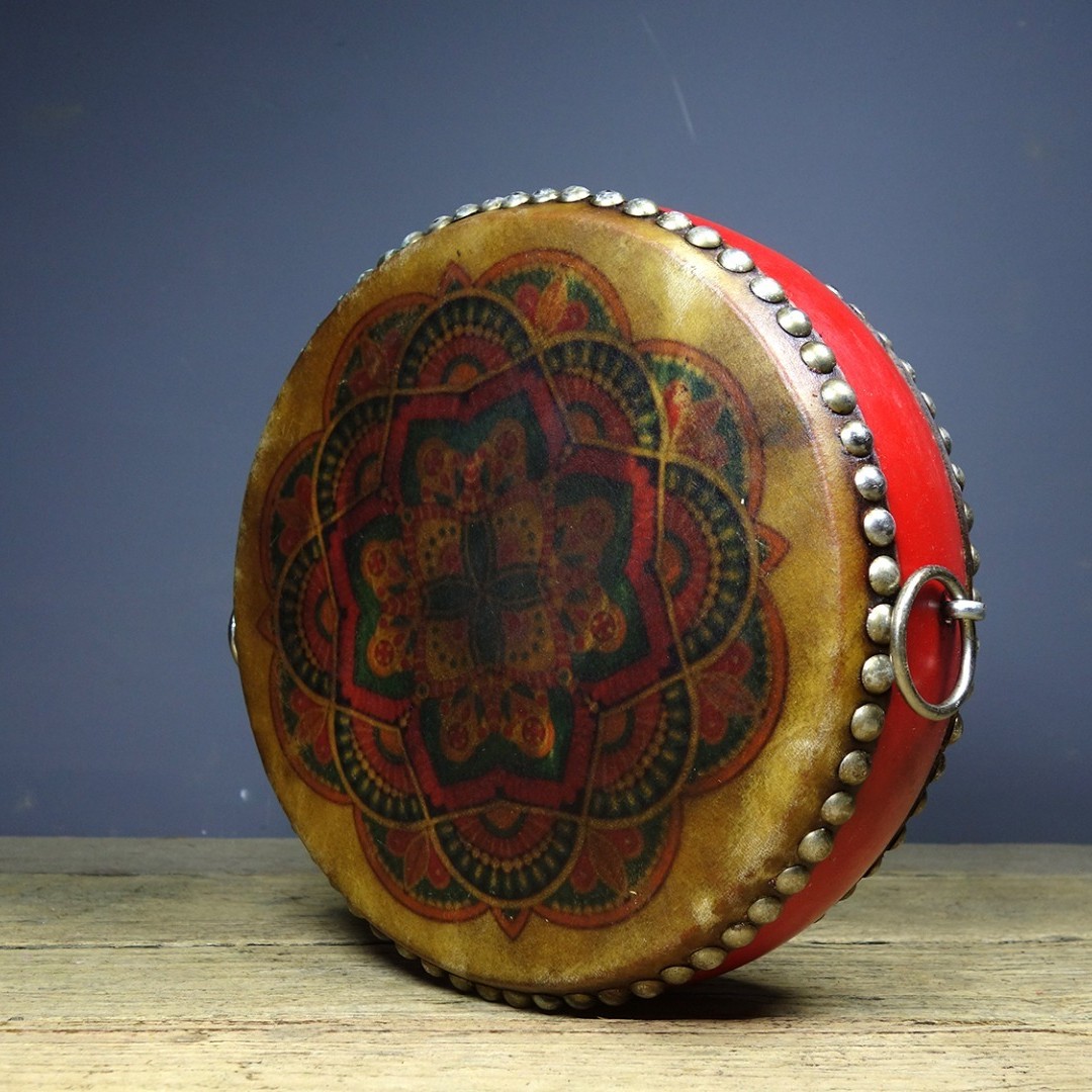 Vintage Hand Painted Cowhide Drum Tibetan Dharma Wheel Decor 25cm