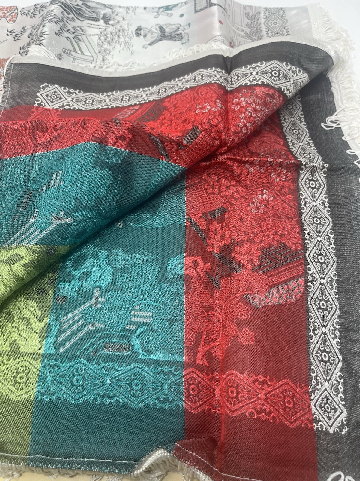 Chinese Silk Brocade Fringe Tablecloth Dragon Dance Asian Tapestry Vintage NWOT
