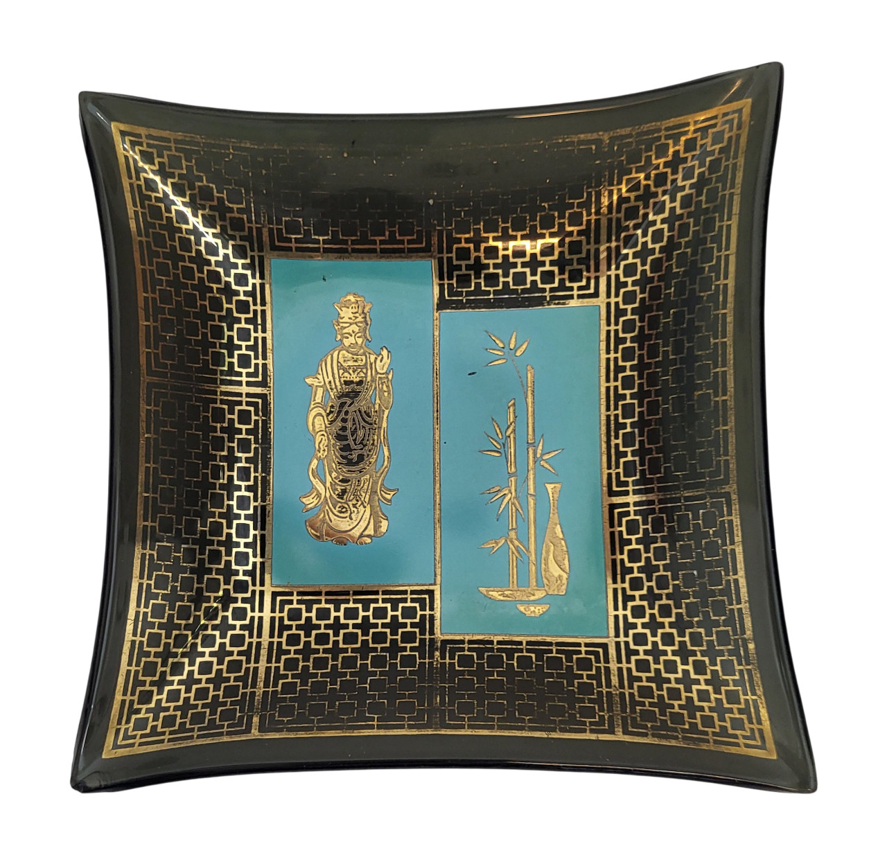 Chinese Goddess Square Black Glass & 24K Gold Ash Tray Trinket Dish Set of 2