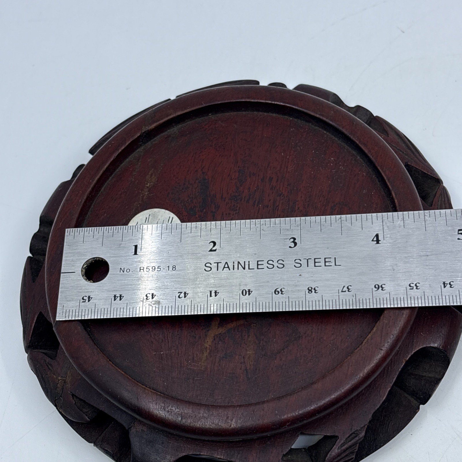 Vintage Chinese Wood Carved Display Stand Vase Plant Asian Lamp Base Round 4.25″