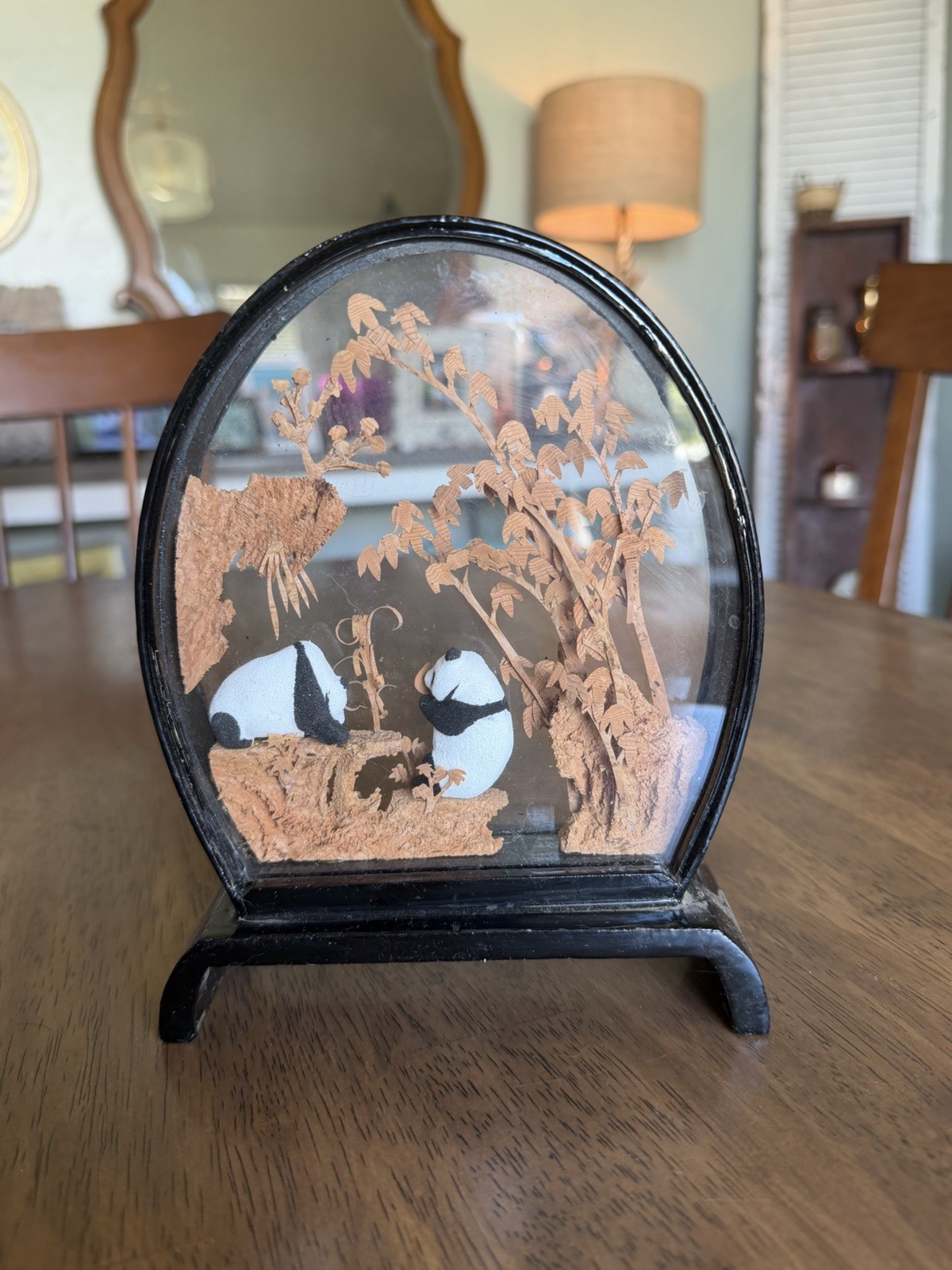 Vintage Chinese Cork Art Panda Scene Diorama Black Lacquer Frame Asian Shadowbox