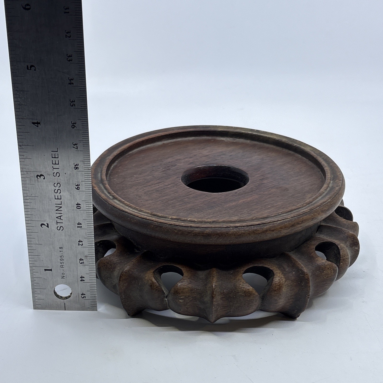 Vintage Chinese Wood Display Stand Vase Plant Asian Lamp Base Round 4.5″ Inner