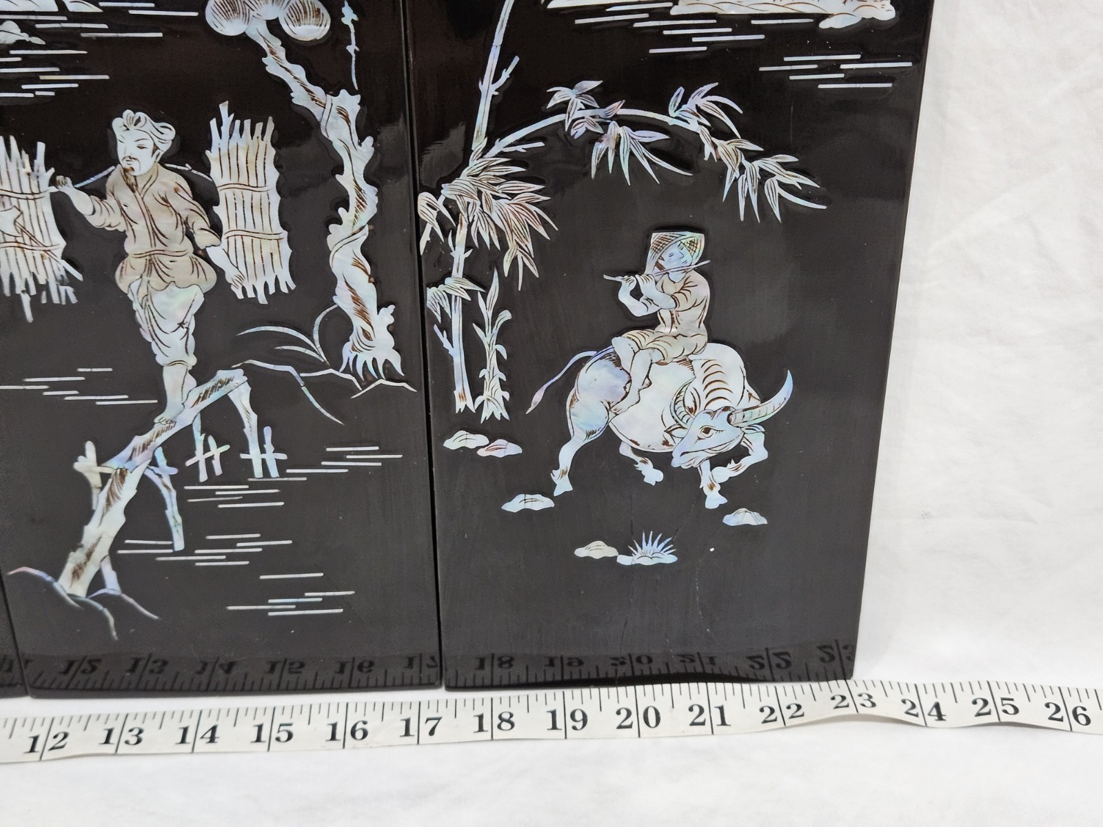 Vintage Asian Black Lacquer Mother of Pearl Inlay Wall Panels Set of 4