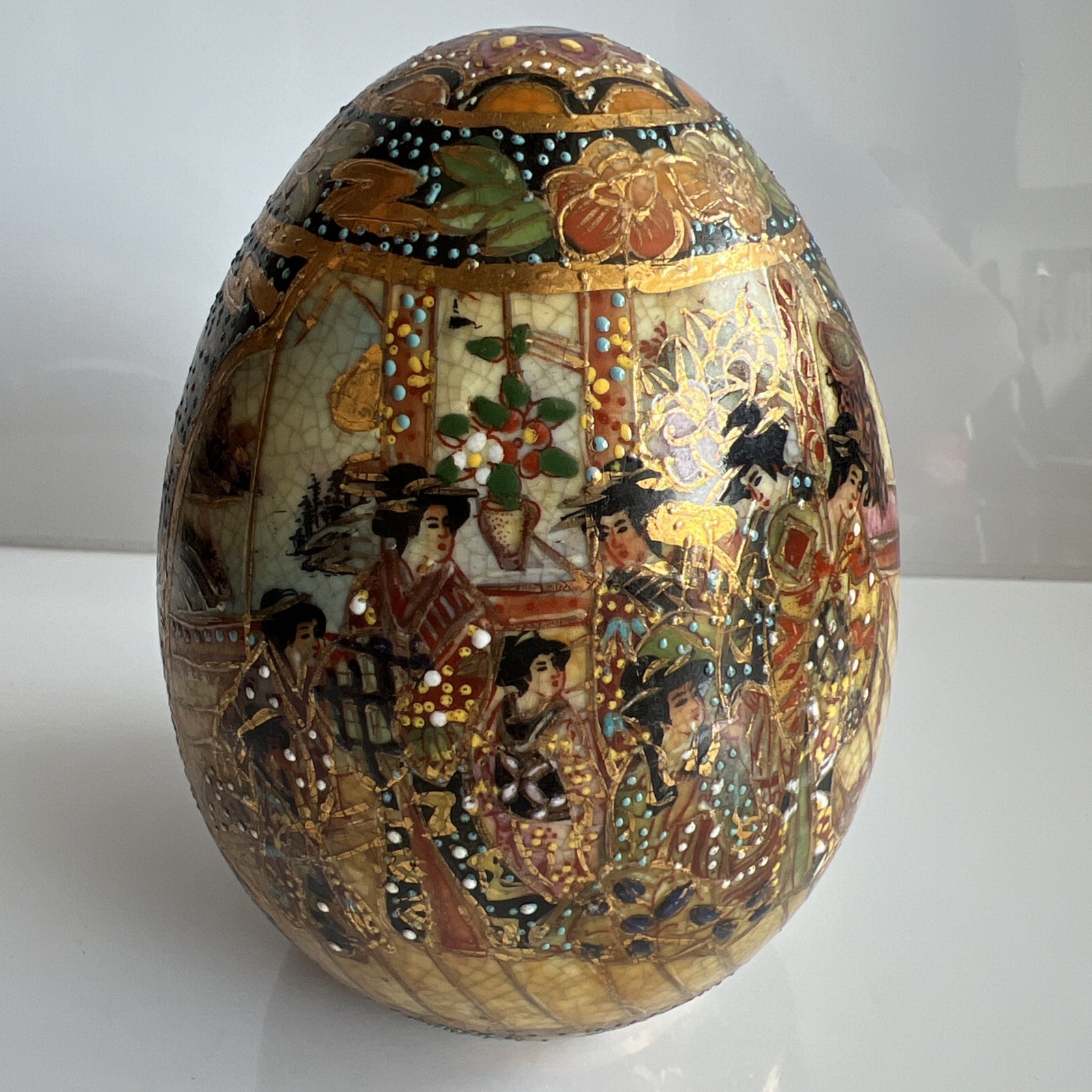 Vintage Chinese Satsuma Porcelain HandPainted Decorative Egg W/Geishas 4.5” Tall