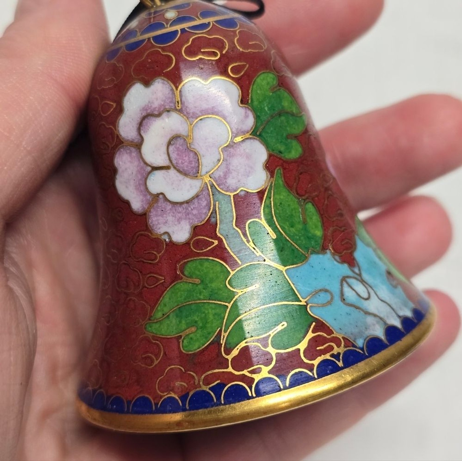 Vintage Cloisonne Floral Bell Ornament Asian Oriental Chinese Cottage Decor