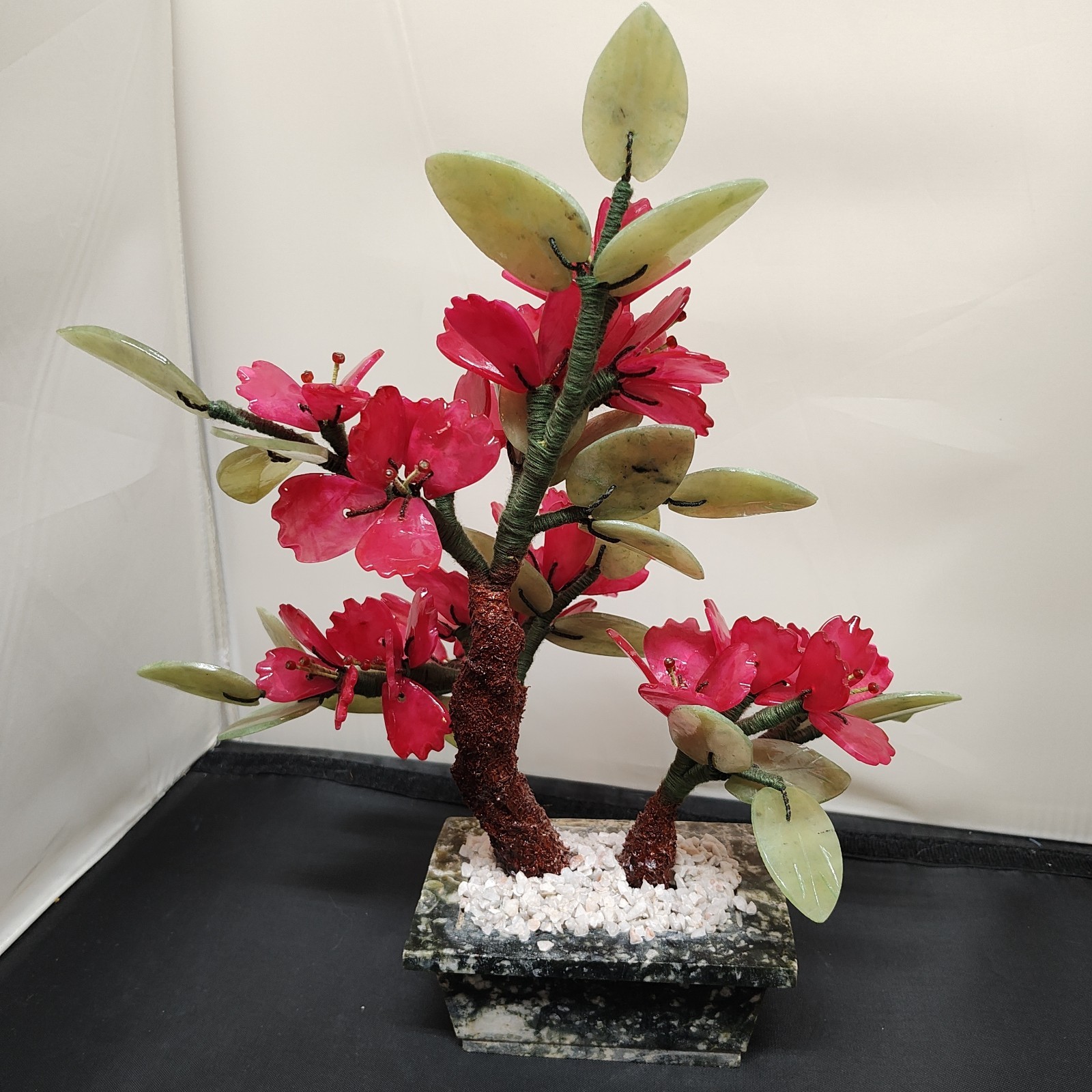 Vtg Bonsai Tree Glass Cherry Blossom Pink Flowers Jade Leaves Marble Pot 11 Inch