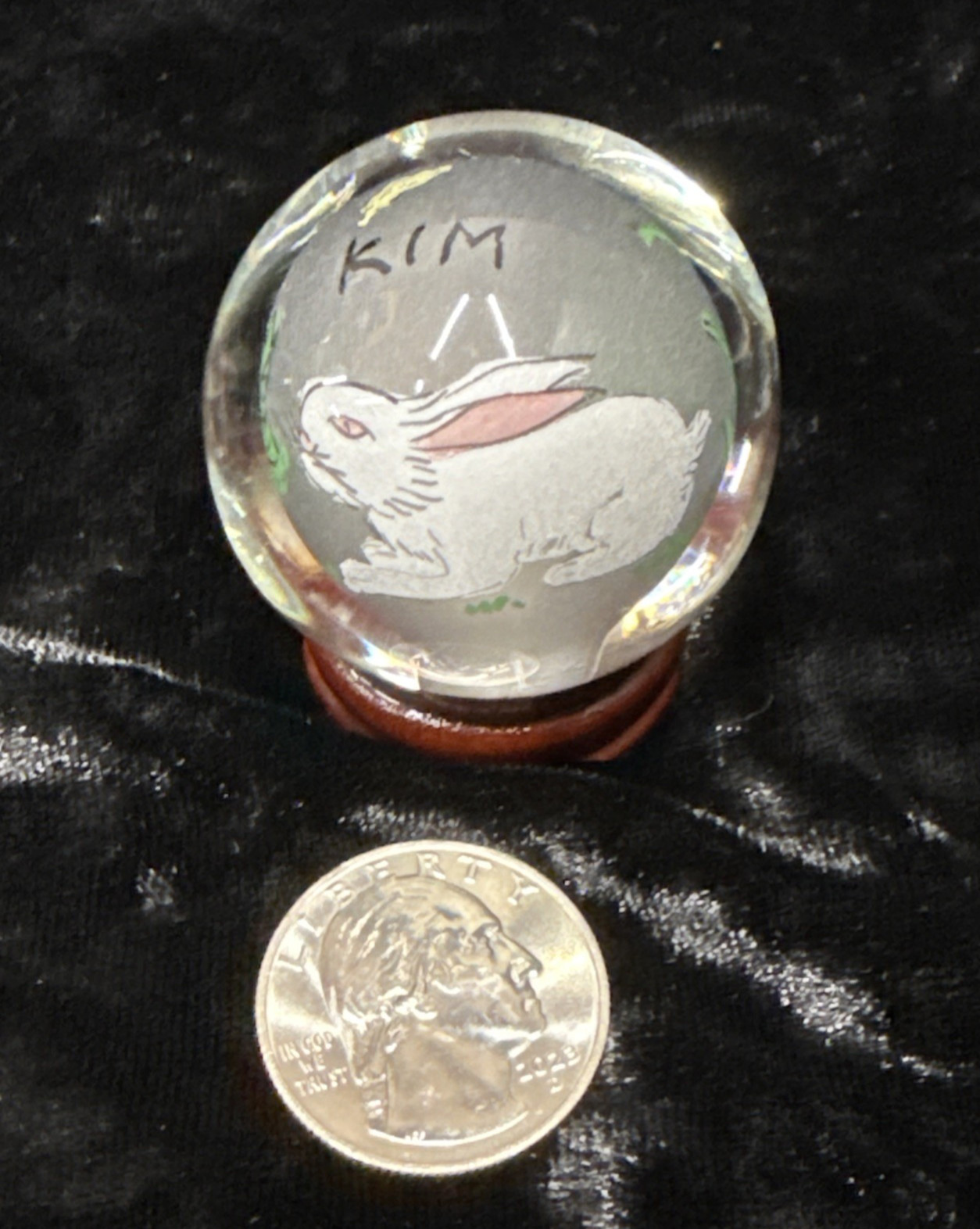 Chinese reverse painted Glass Ball Sphere Orb Rabbit w/Stand 1 3/4″ x 1 1/2″