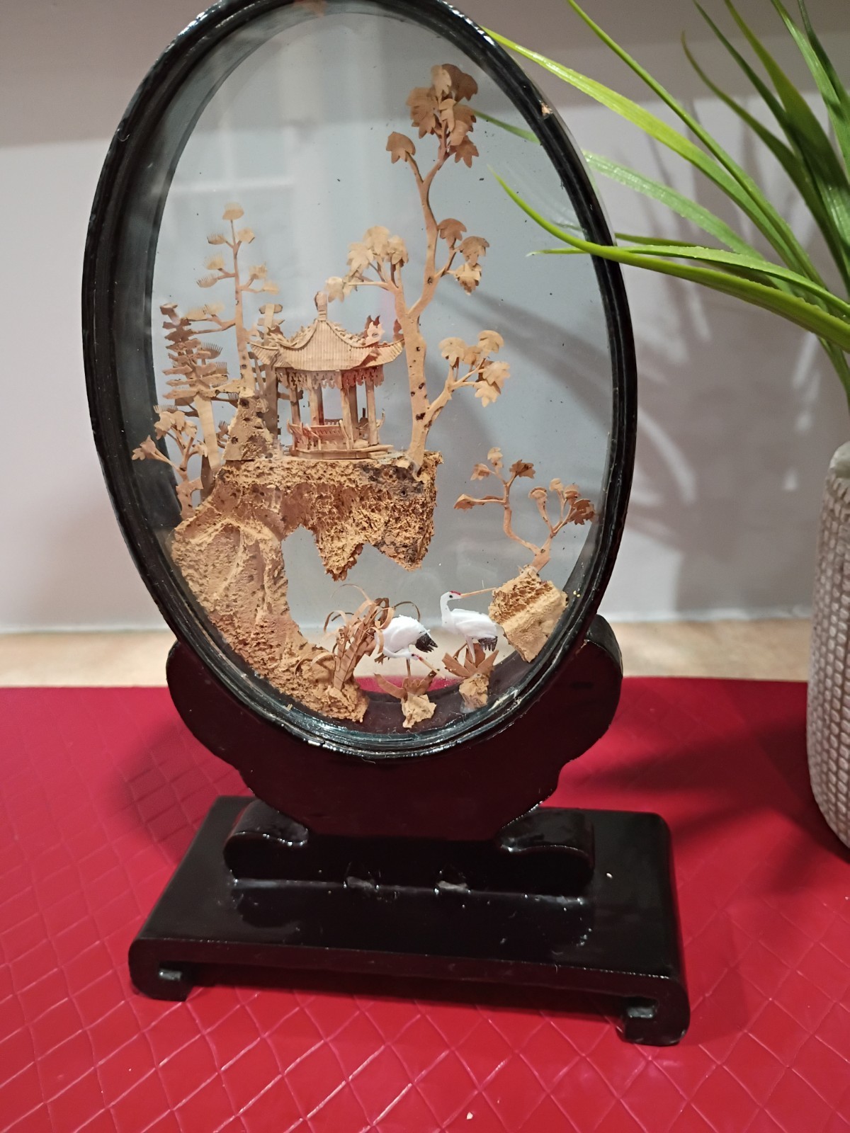 Vintage Hand Carved Cork Diorama Cranes Pagoda Trees Art, Glass Case