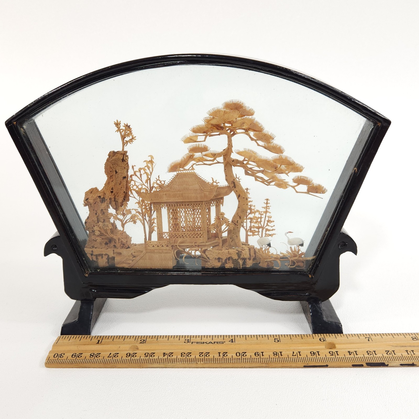 Vintage Chinese Diorama Cork Carving Glass Case Pagoda Trees Cranes