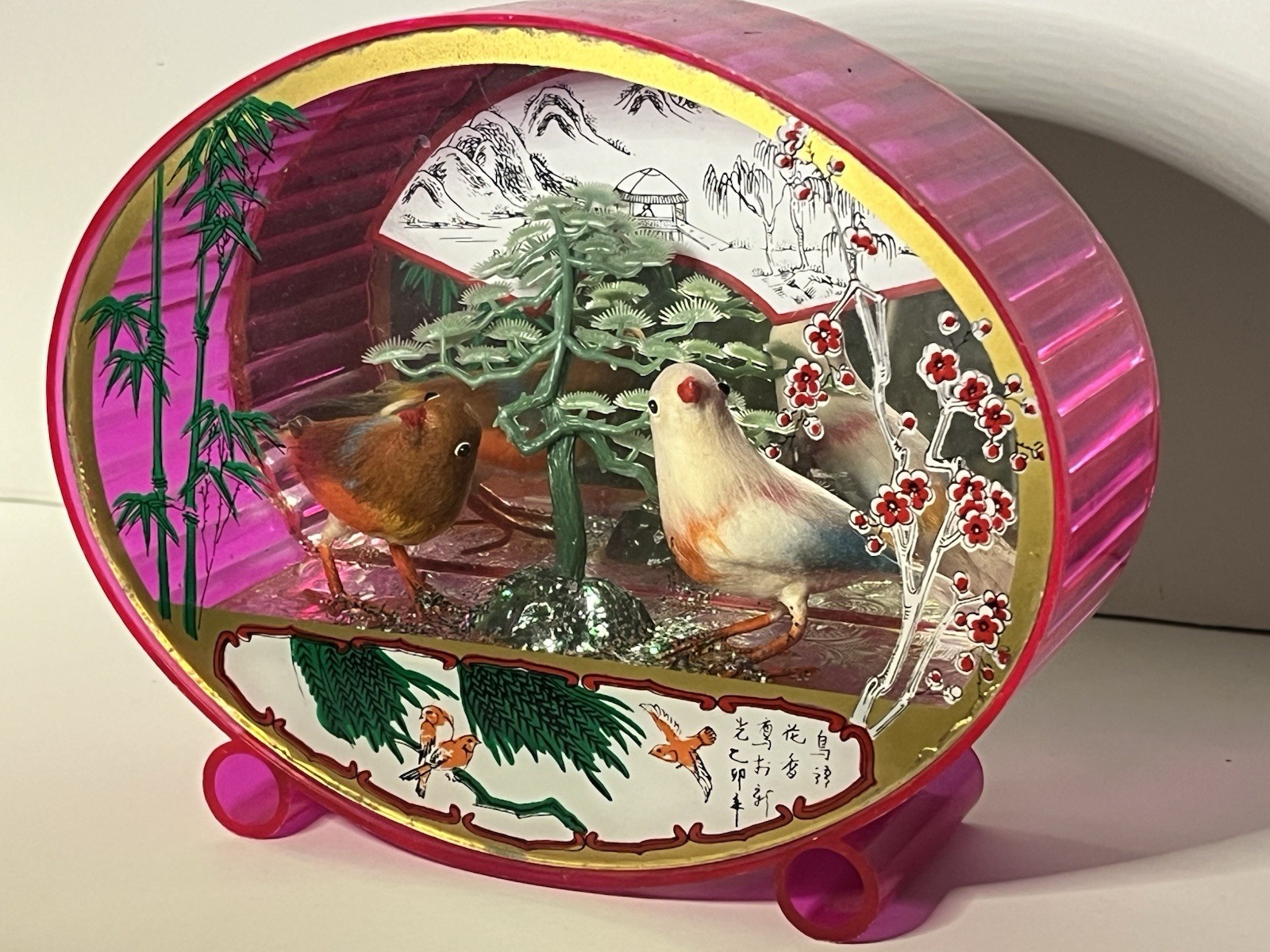 Pink Plastic Oval Case Diorama Birds Tree Mirrored Made in Hong Kong