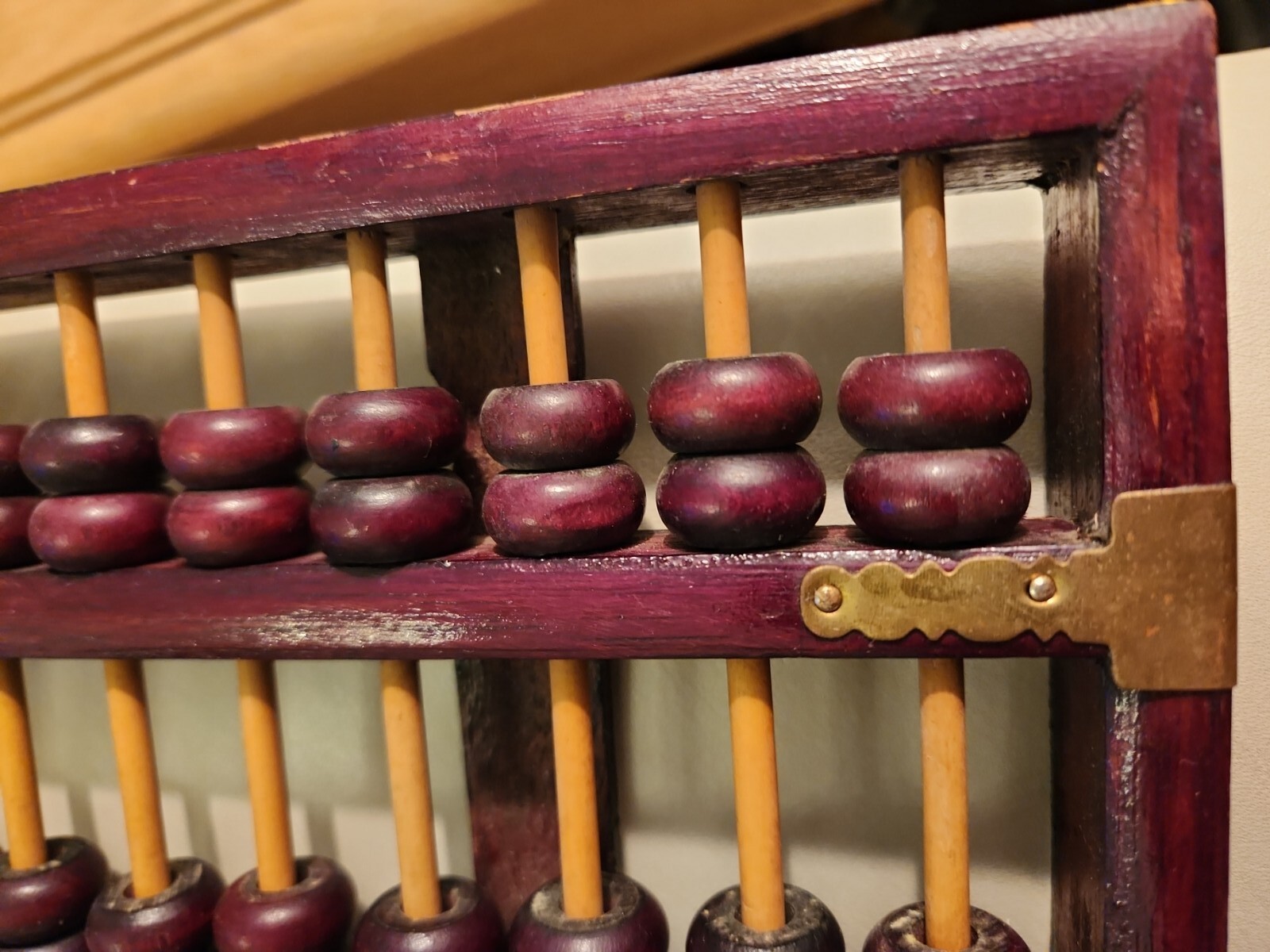 Vintage Chinese Red Lion abacus Wuhan China, wood brass?accents w 13 rods, as is