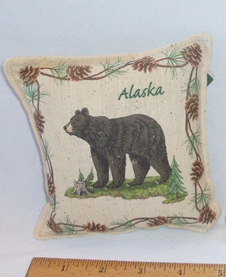 BALSAM FIR SCENT 5″ PILLOW SACHET WITH SCRIPT ALASKA BEAR IN A FOREST PRINT