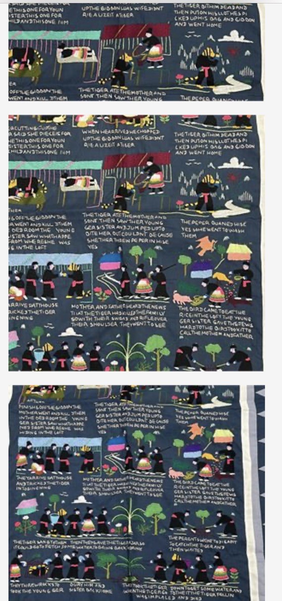 Vintage Hmong Hand Embroidered story cloth tapestry 38X52 Beautiful Blanket