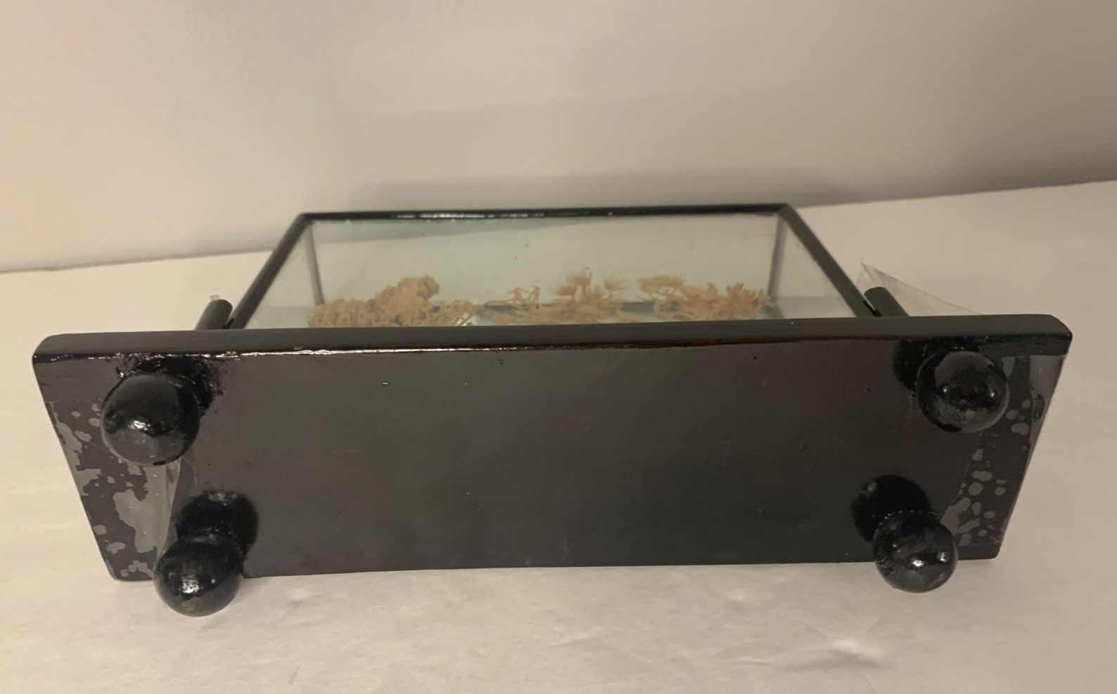 Vintage Asian Cork Diorama Art Pagoda Trees Hand Carved Glass Frame- See Details