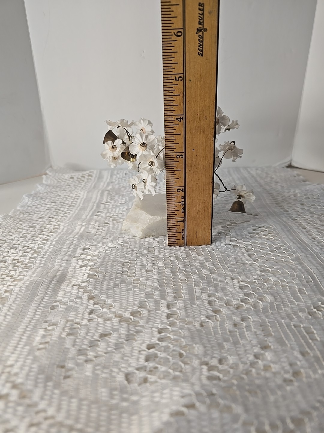 VTG Bonsai Prosperity Tree White Blossom Flowers Brass Bells Stone Base