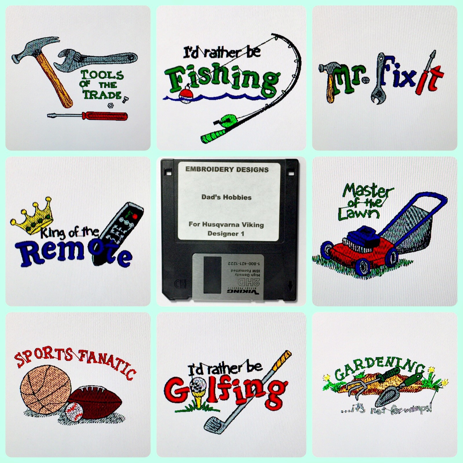Dad’s Hobbies Embroidery Designs Floppy Disk for Husqvarna Viking Designer 1