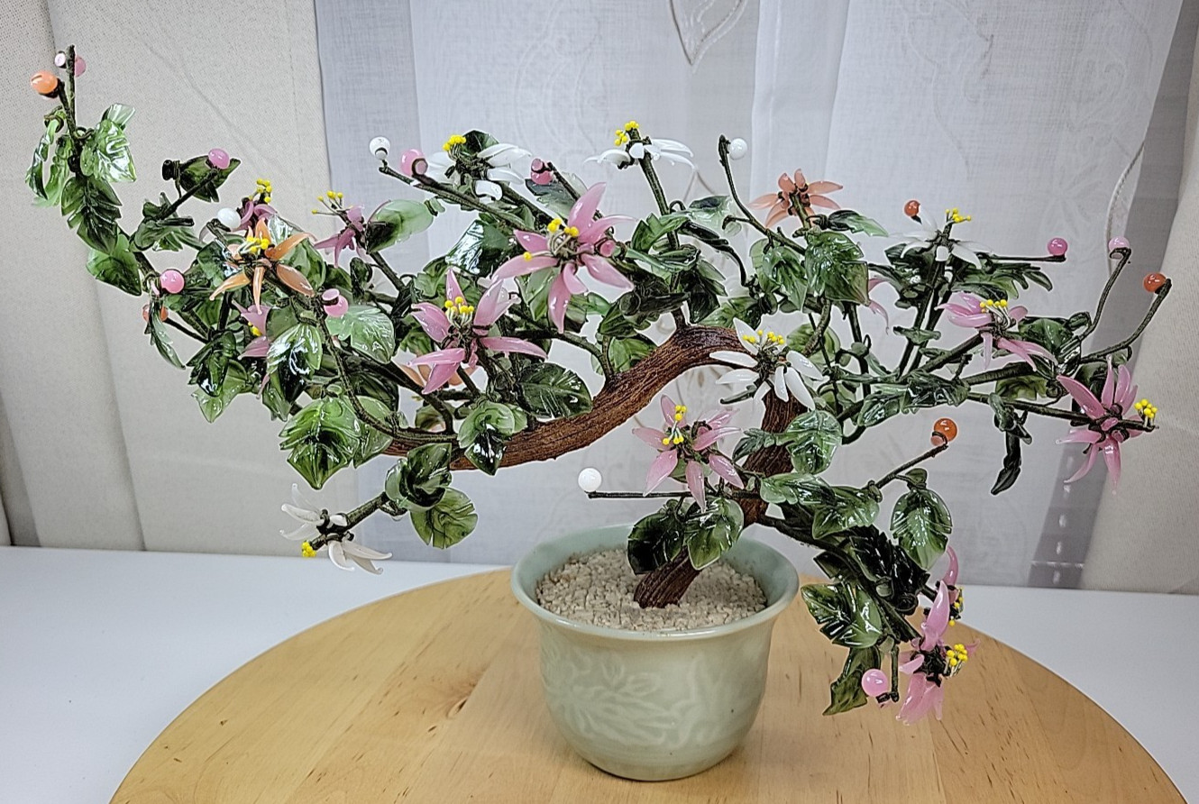 VTG Chinese Flowering Plastic Glass Jade Bonsai Tree Celadon Porcelain Cachepot
