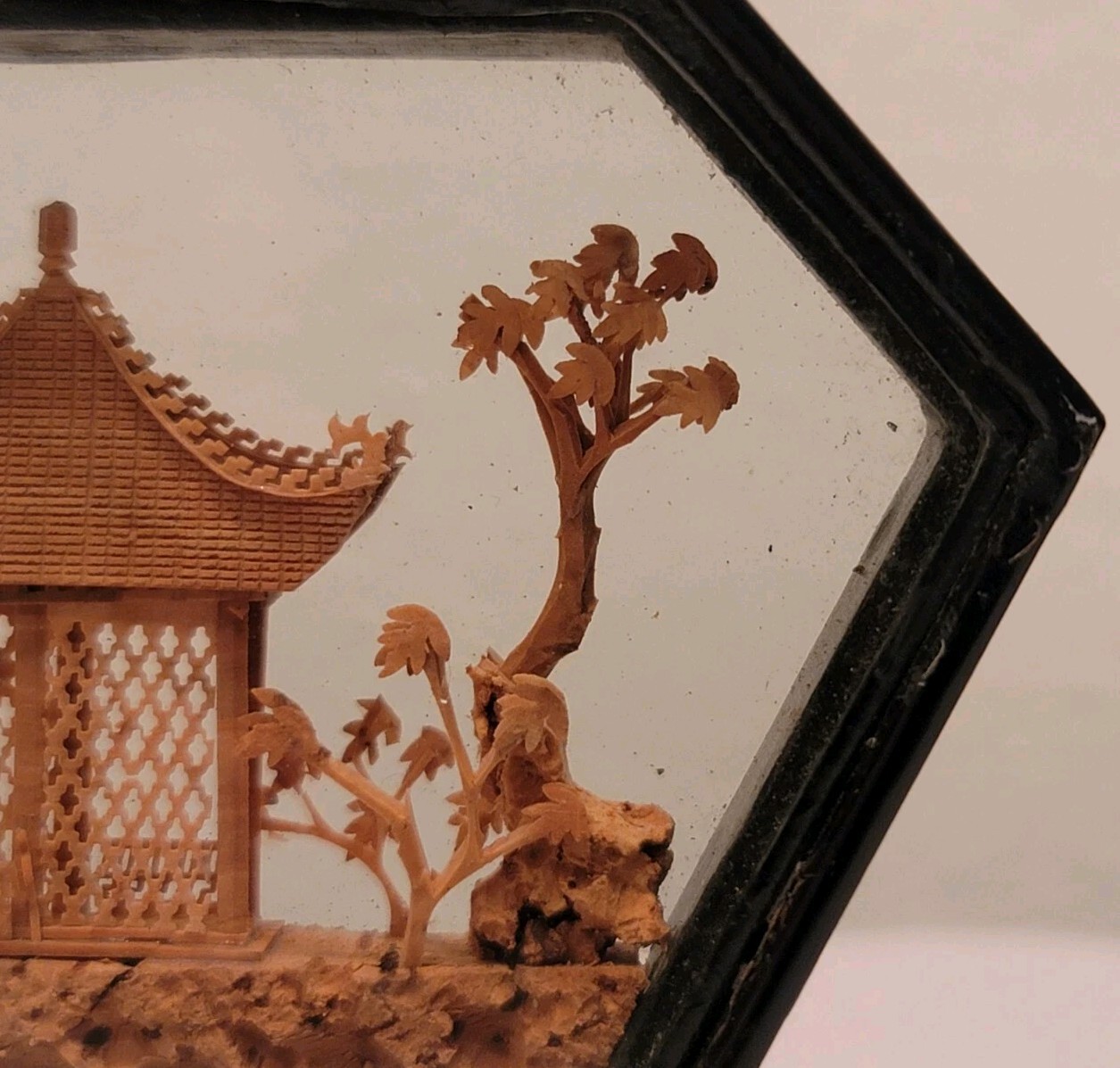 Chinese Cork & Wood Diorama Hand Carved Asian Crane Pagoda Tree Art Glass