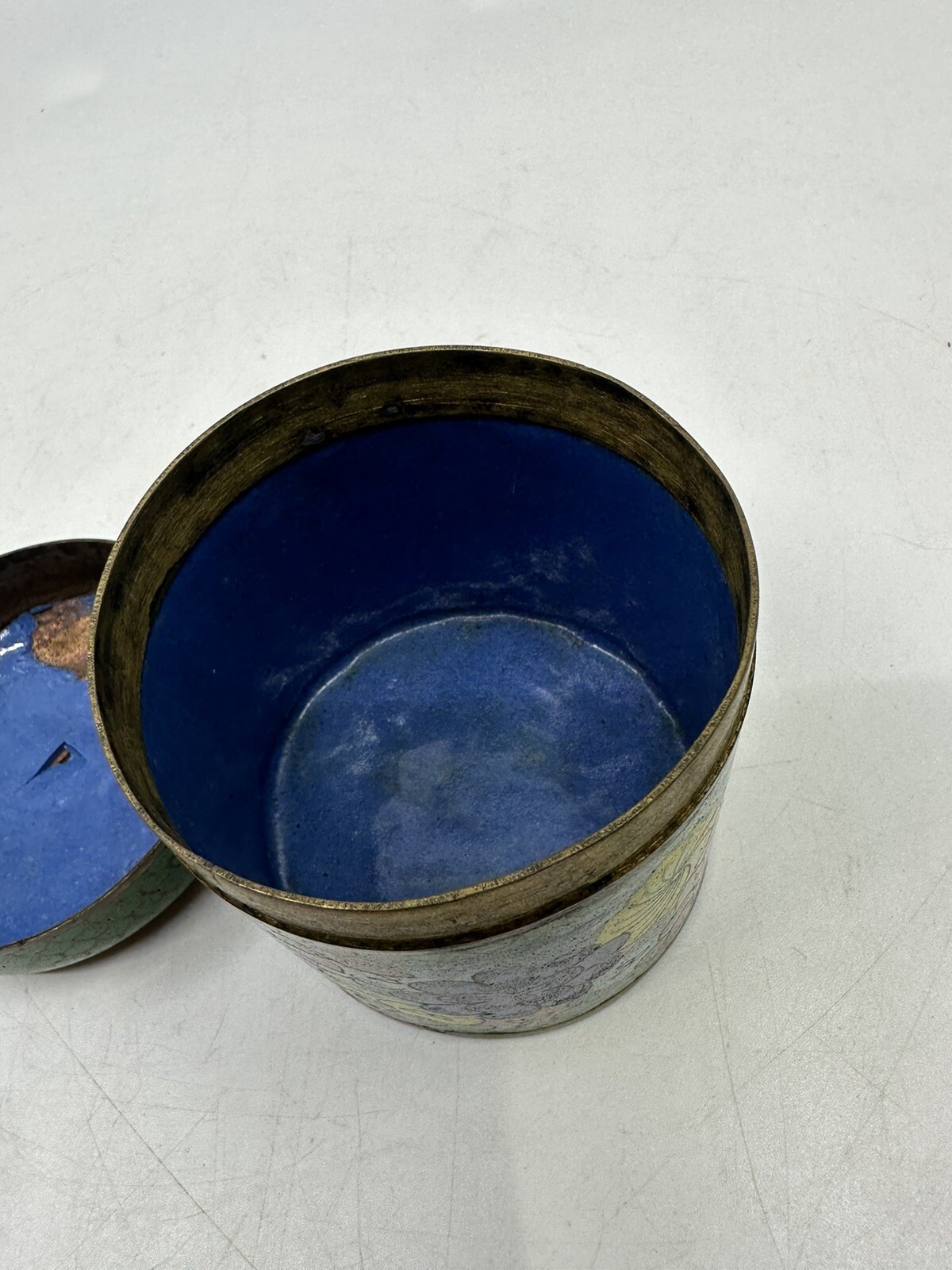 Late 1800’s Chinese Cloisonne Enamel Metal Tea Caddy W Lid Damaged Lid
