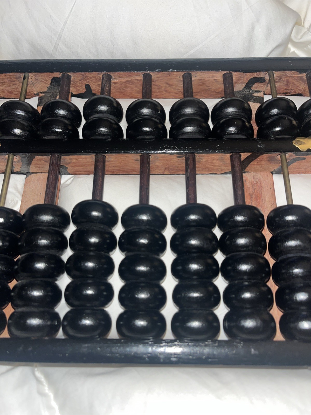 Vintage Abacus -11 RODS 77 BEADS Wood Black Painted Brass Accents Hong Kong