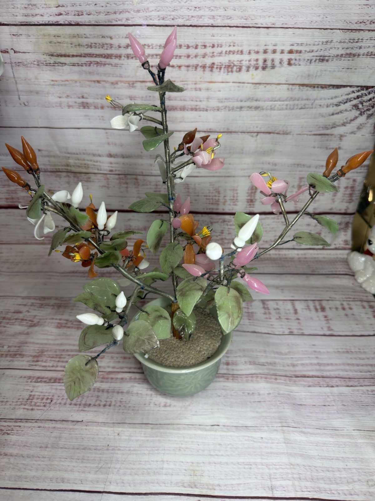 Vintage Japanese Chinese Asian Jade Glass Flowering Bonsai Tree 16”x12” Wide